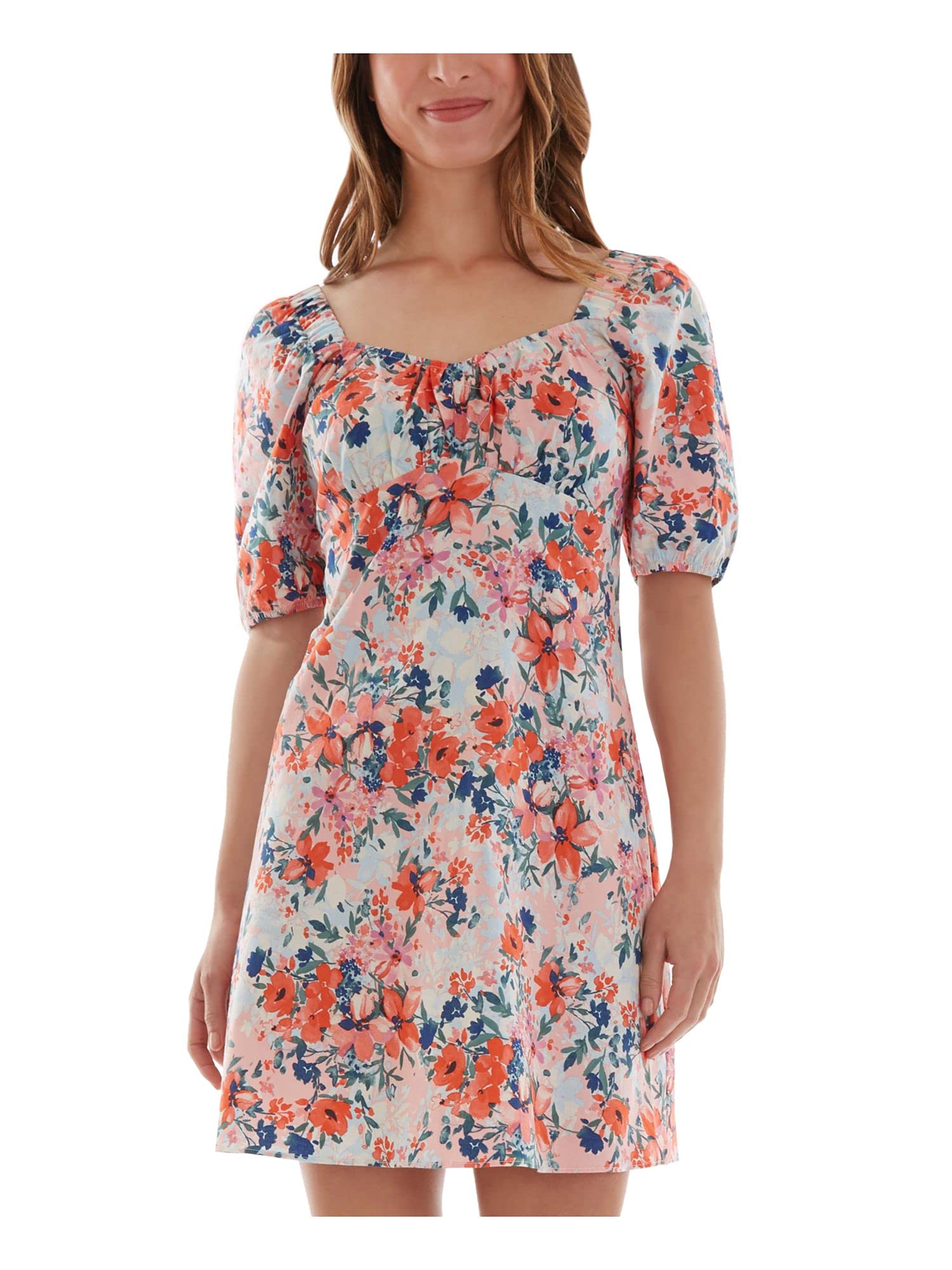BCX Women's Pink Floral Mini Dress with Sweetheart Neckline & Puff Sleeves - Fit & Flare Style for Juniors Size XL - Perfect for Summer Parties, Dates & Special Occasions