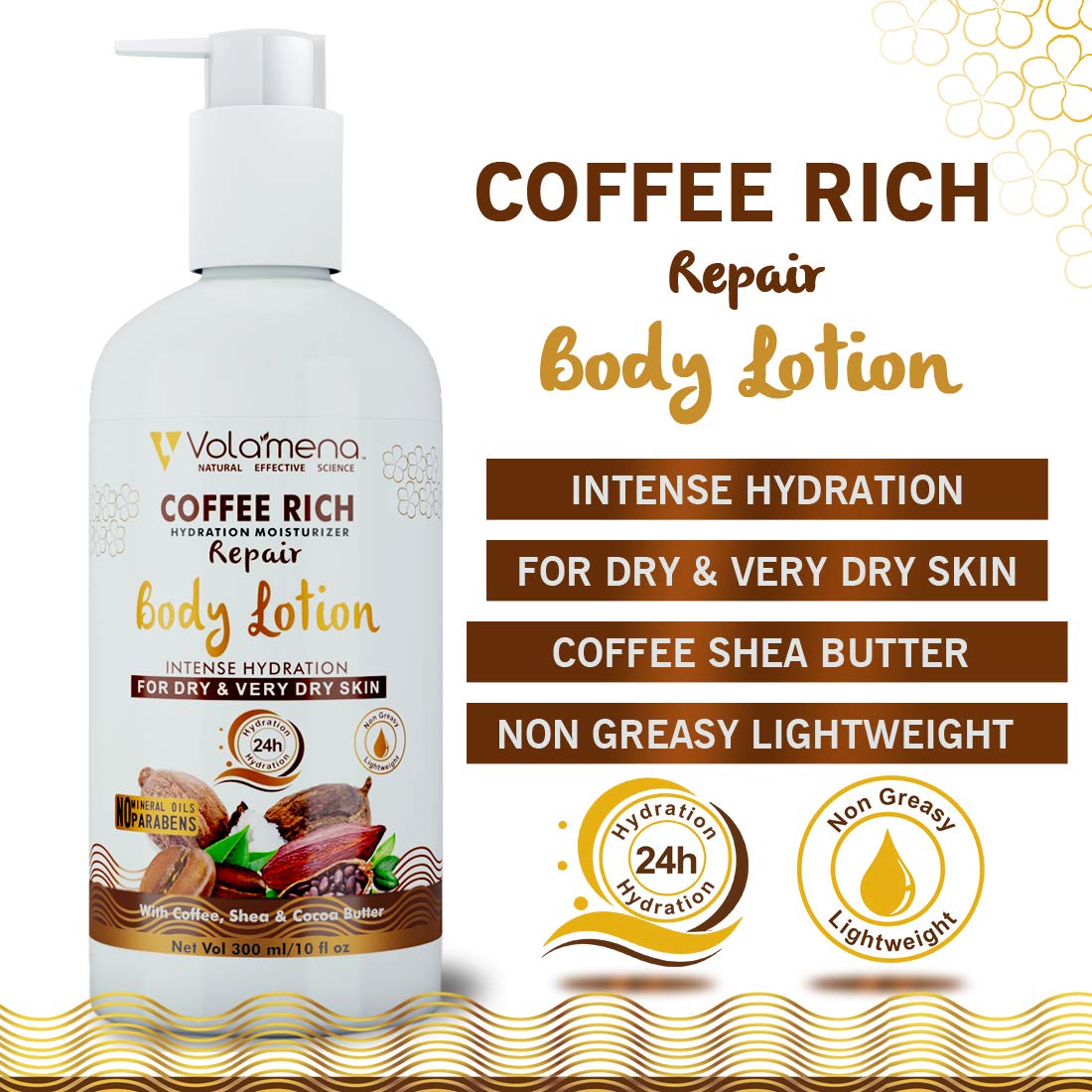 Volamena Coffee Rich Hydration Moisturizer Body Lotion for Dry Skin - Non-Greasy, Lightweight Moisturizing Cream for Women & Men (300ml) | Perfect for Daily Hydration, After Shower Care & Winter Skin Protection