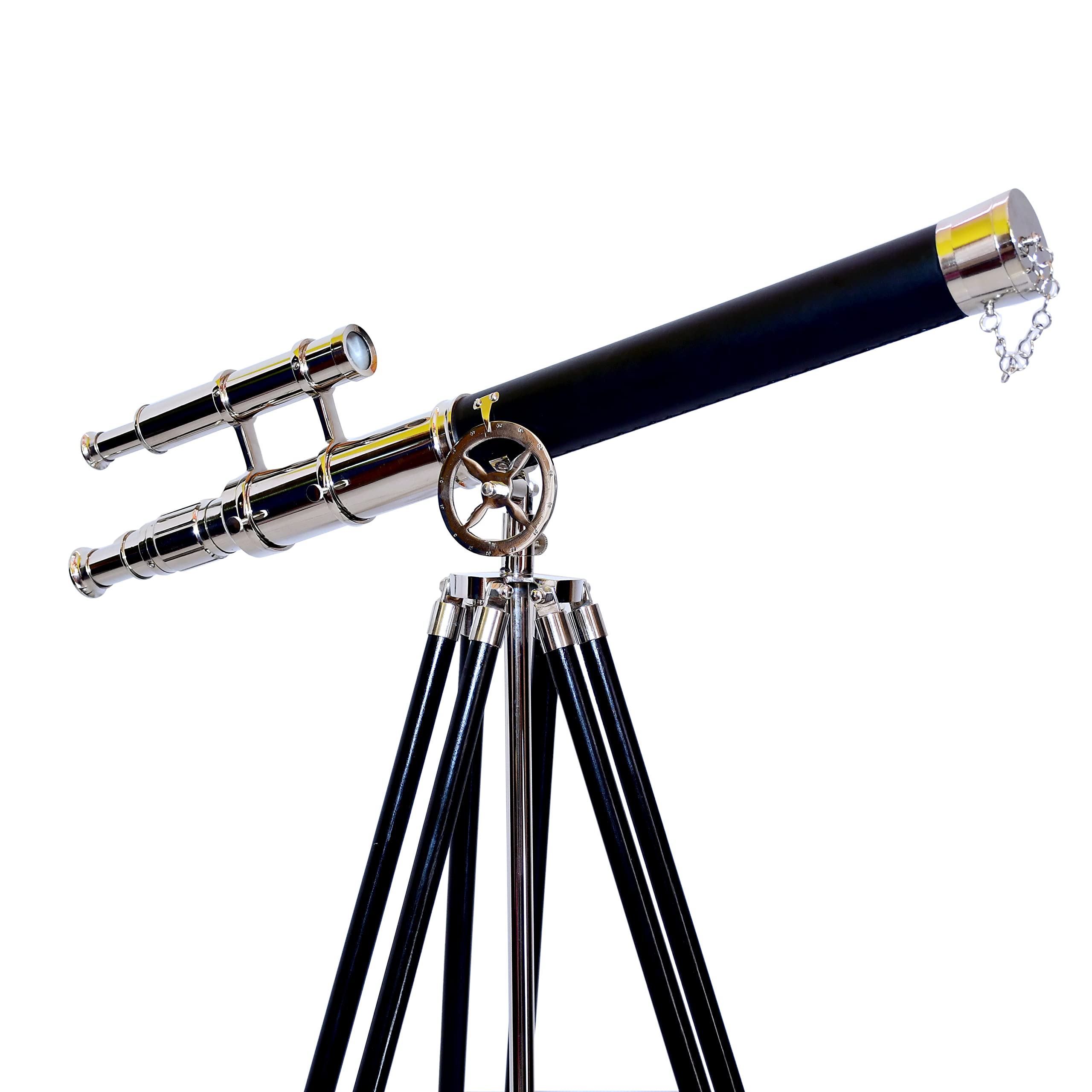 Nautical Brass Nickel Double Barrel Telescope with Black Wooden Tripod - Brass Floor Standing Telescope for Stargazing & Marine Navigation | NAVIROCK