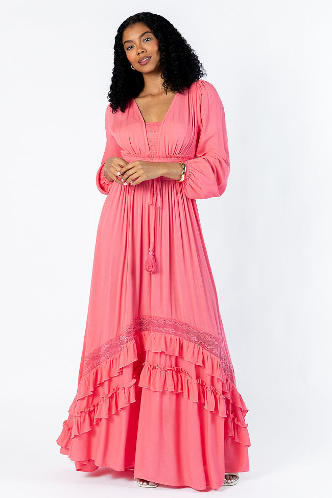 Lucky To Have You Coral Maxi Dress for Women - Flowy Summer Beach Dress with Pockets, Boho Chic Wedding Guest Dress, Perfect for Vacations & Date Nights