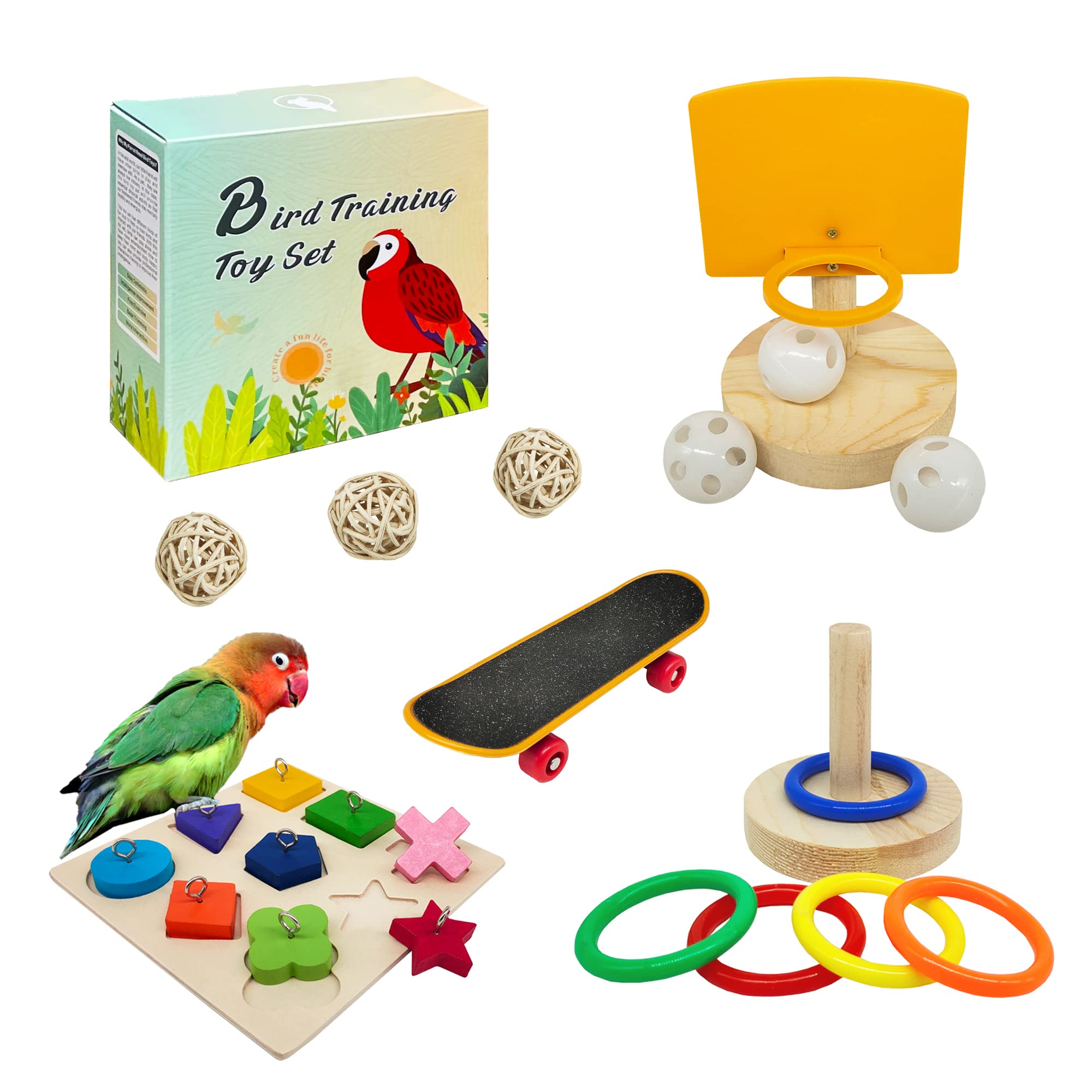 5pcs Parrot Toys Set for Parakeets - Includes Bird Basketball, Skateboard, Stacking Toy, Wooden Block Puzzles & Small Sepak Takraw - Fun Training & Enrichment Toys for Small Birds - Perfect for Cage Play, Exercise & Mental Stimulation