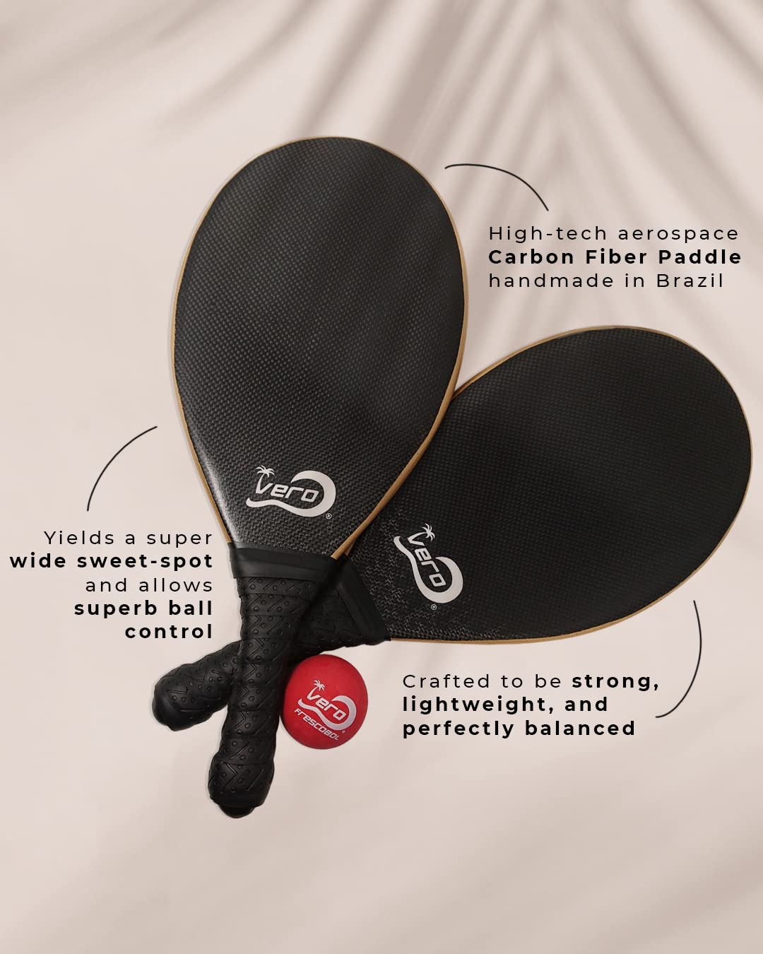 Premium Carbon Fiber Beach Paddleball Set - 2 Fescobol Paddles with High-Visibility Red Ball & Drawstring Carry Bag for Outdoor Sports, Beach Games & Family Fun
