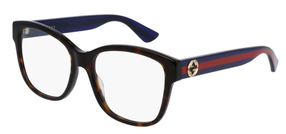 Gucci GG 0038ON 003 Havana Blue with Red Stripe Square Women's Eyeglasses | Designer Prescription Glasses & Fashion Sunglasses for Women | Perfect for Office, Driving, and Everyday Wear