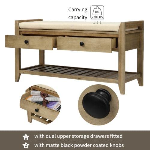 Wooden Shoe Storage Bench with 2 Drawers & Shelf - Gray Wash Entryway Organizer with Cushioned Seat - Perfect for Mudroom, Hallway & Closet Organization