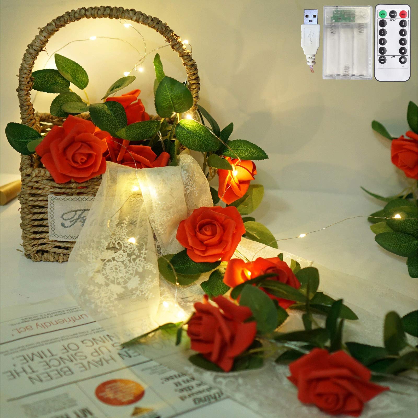 Battery/USB Powered Rose String Lights with Remote - Waterproof Fairy Lights for Bedroom, Christmas, Wedding, Party Decor (Red, 3.3ft) | Romantic Ambiance & Holiday Lighting