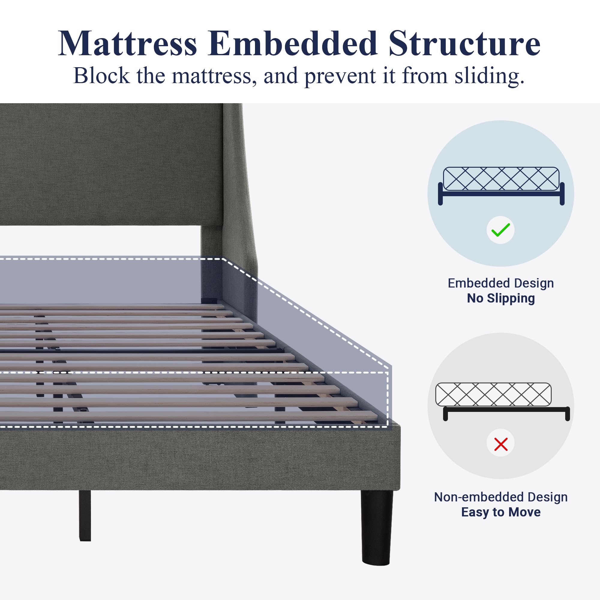 Allewie King Size Platform Bed Frame with Upholstered Headboard - Modern Wingback Design, Wood Slat Support, Dark Grey - Perfect for Master Bedroom & Guest Room Decor
