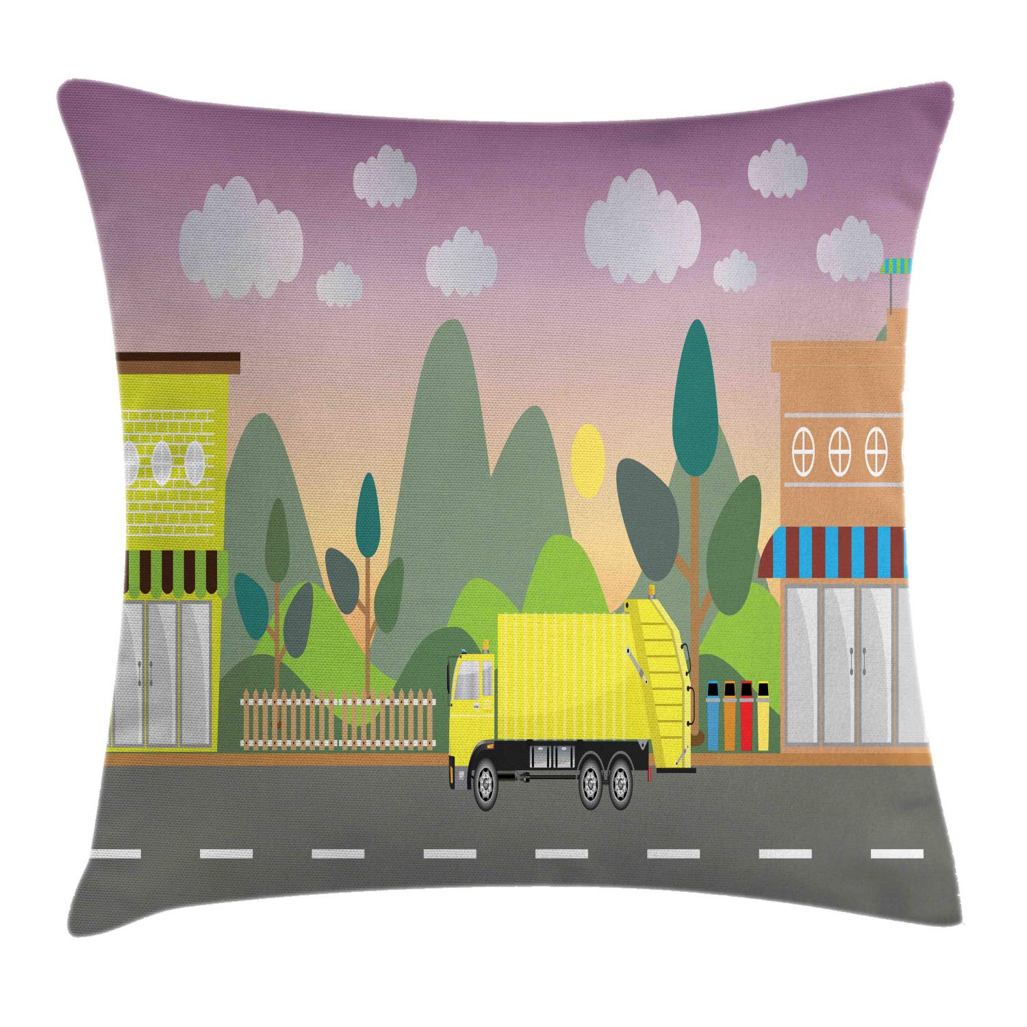 Ambesonne Garbage Truck Throw Pillow Cover 26x26 Inch - City Waste Transport Vehicle Design, Multicolor Decorative Square Cushion Case for Sofa, Bed & Home Decor - Perfect for Kids Room, Truck Enthusiasts & Eco-Friendly Theme Decor