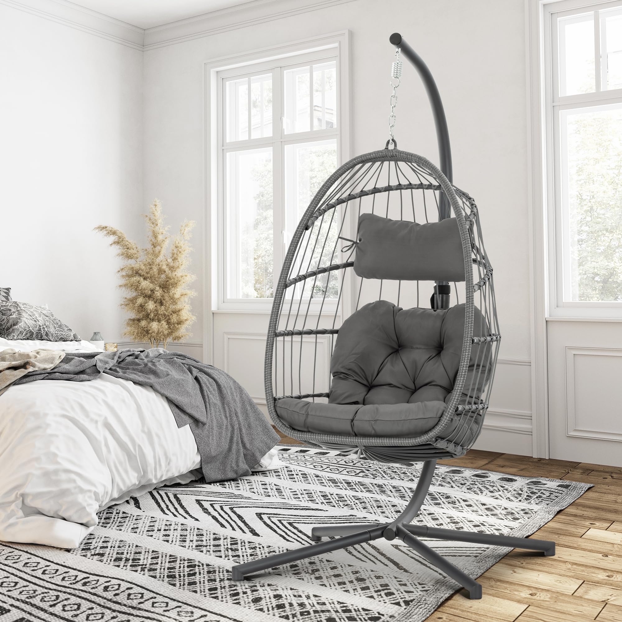Brafab Swing Egg Chair - Handmade Wicker Rattan Hanging Hammock with Aluminum Frame & UV-Resistant Cushion - 350LBS Capacity - Perfect for Indoor, Outdoor, Patio, Porch, Bedroom & Garden Relaxation
