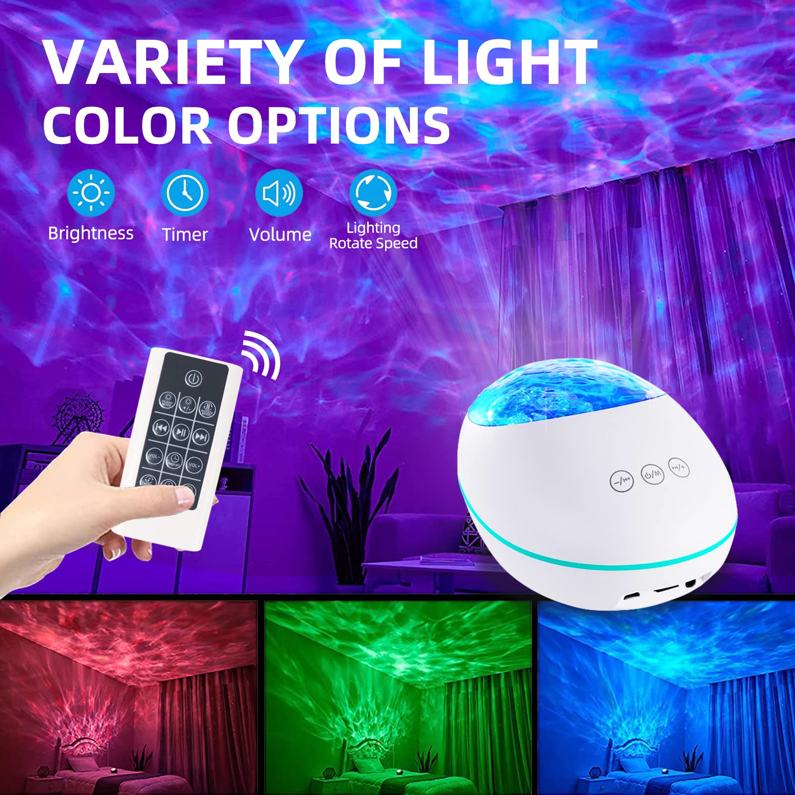 Ocean Wave Projector Lamp for Kids - Bluetooth LED Night Light with Remote Control, White Noise Speaker & Calming Music for Nursery & Bedroom Decor - Perfect for Sleep Aid & Relaxation