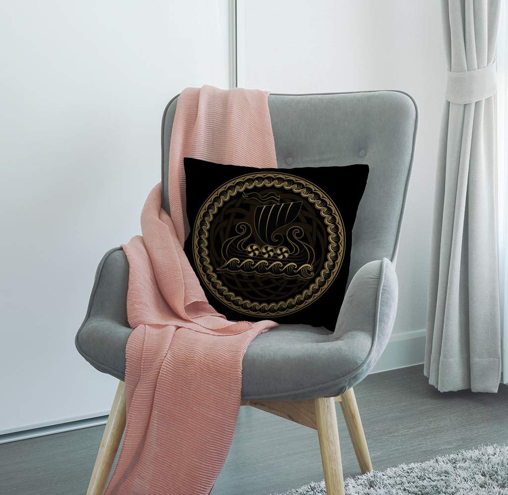 Viking Ship Throw Pillow Cover 18x18 Inch - Norse Drakkar Boat Historical Design, Black Celtic Cotton Linen Decorative Pillow Case for Living Room, Bedroom, Sofa Decor