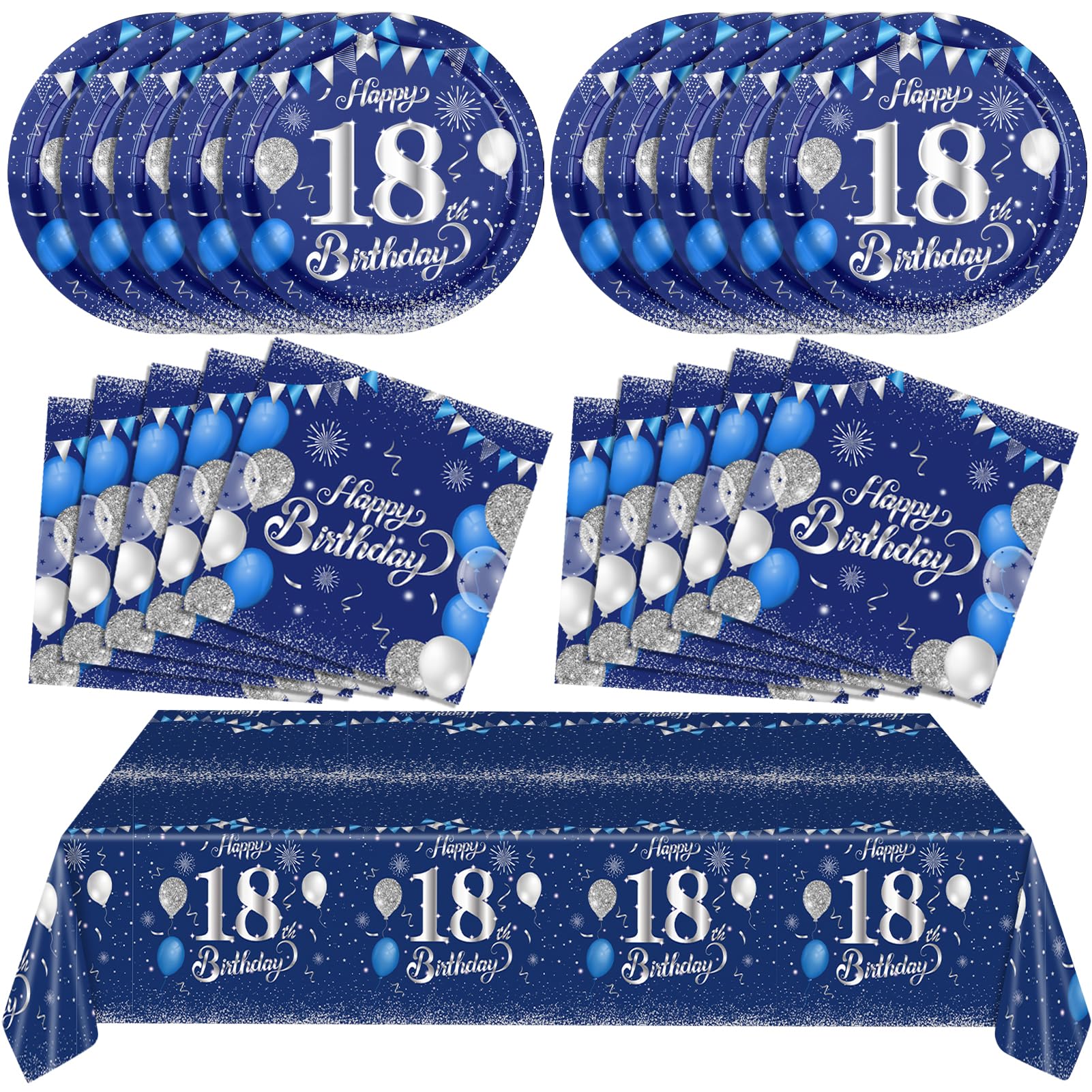 Navy Blue & Silver 18th Birthday Party Decorations Set - Tablecloth, Plates, Napkins for Boys & Girls | 18th Anniversary Party Supplies | Perfect for Milestone Celebrations & Year-Old Theme Parties