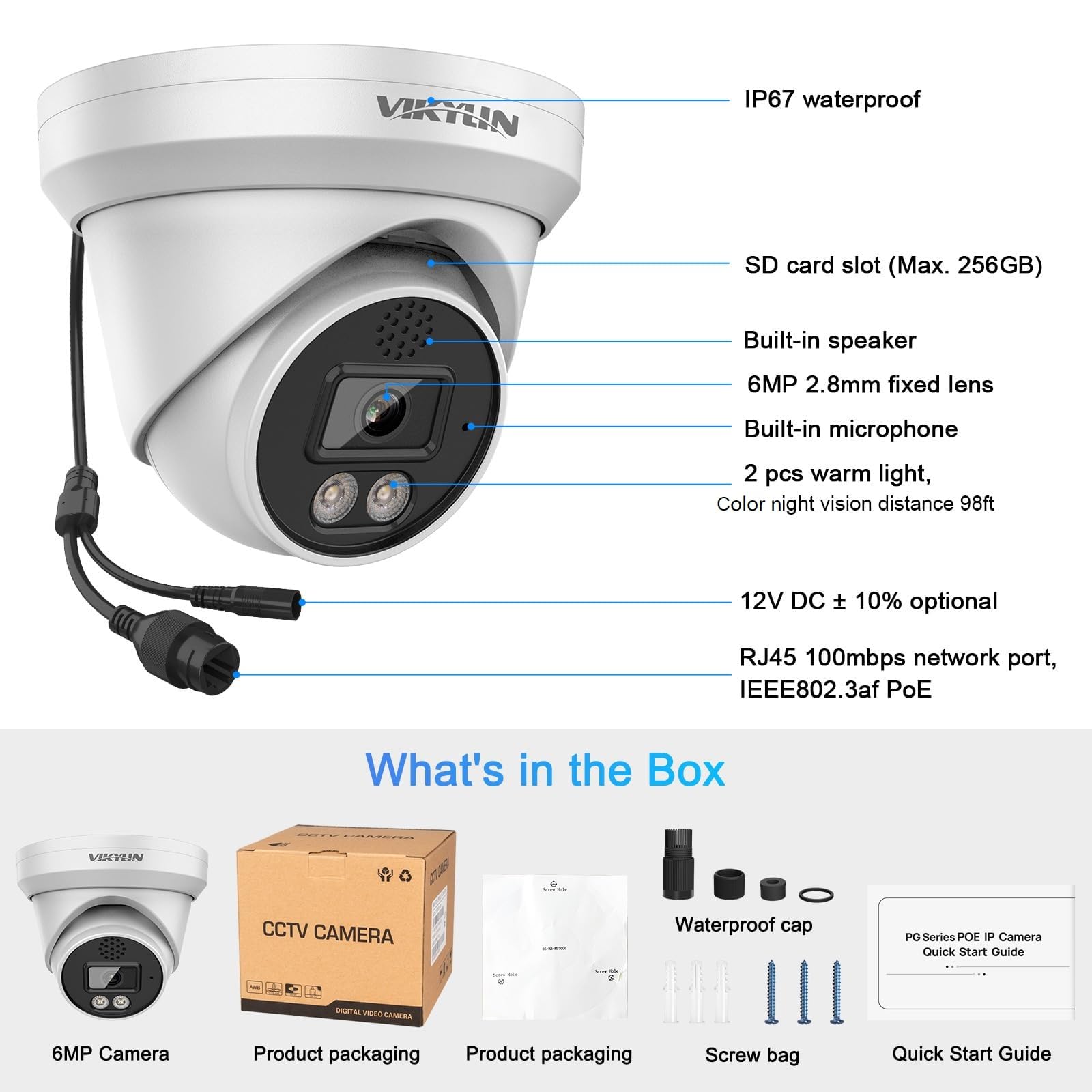 VIKYLIN 6MP Full Color PoE IP Security Camera with F1.0 Aperture, Two-Way Audio, AI Human/Vehicle Detection - Compatible with Hikvision, Outdoor Weatherproof (IP67), WDR, 256GB SD Card Slot - Ideal for Home Security, Business Surveillance & Night Monitoring