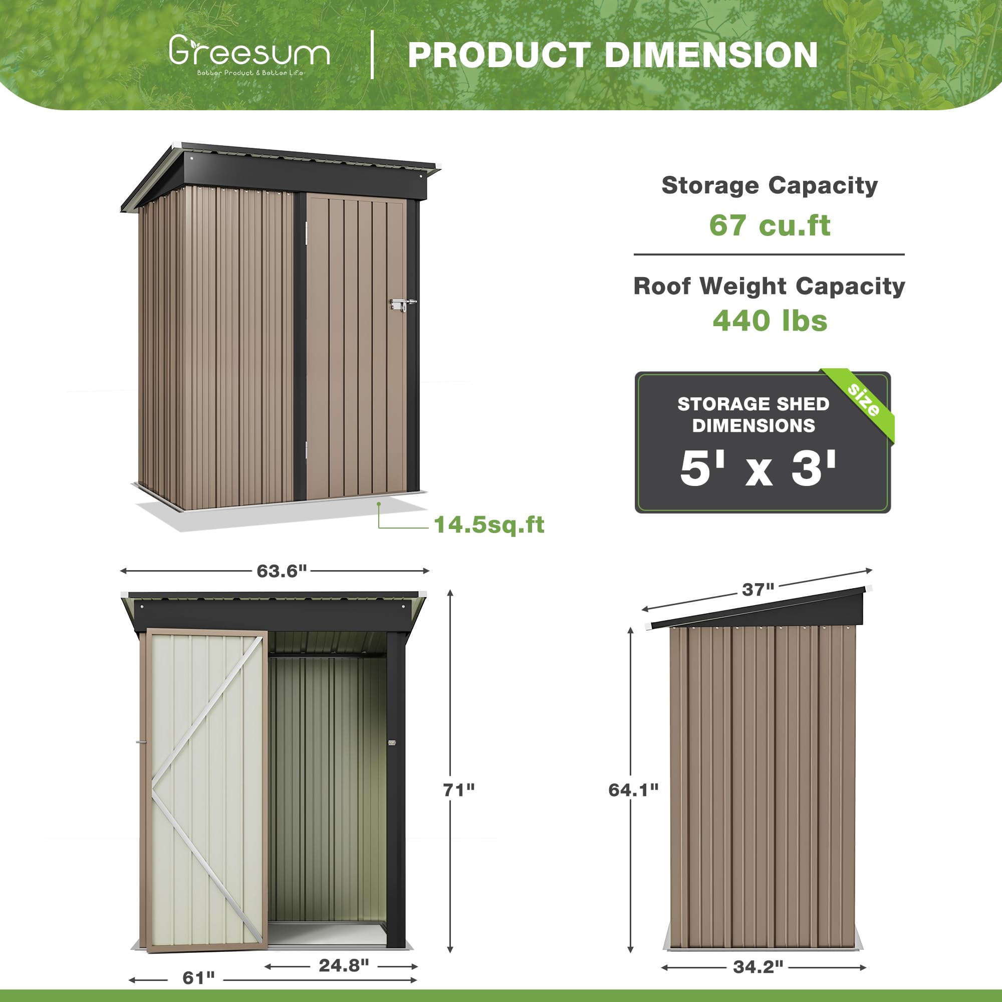 Greesum 5x3 ft Outdoor Storage Shed - Metal Utility Tool Shed with Lockable Door for Garden, Patio & Backyard Organization (Brown) | Perfect for Storing Lawn Mowers, Gardening Tools & Outdoor Equipment