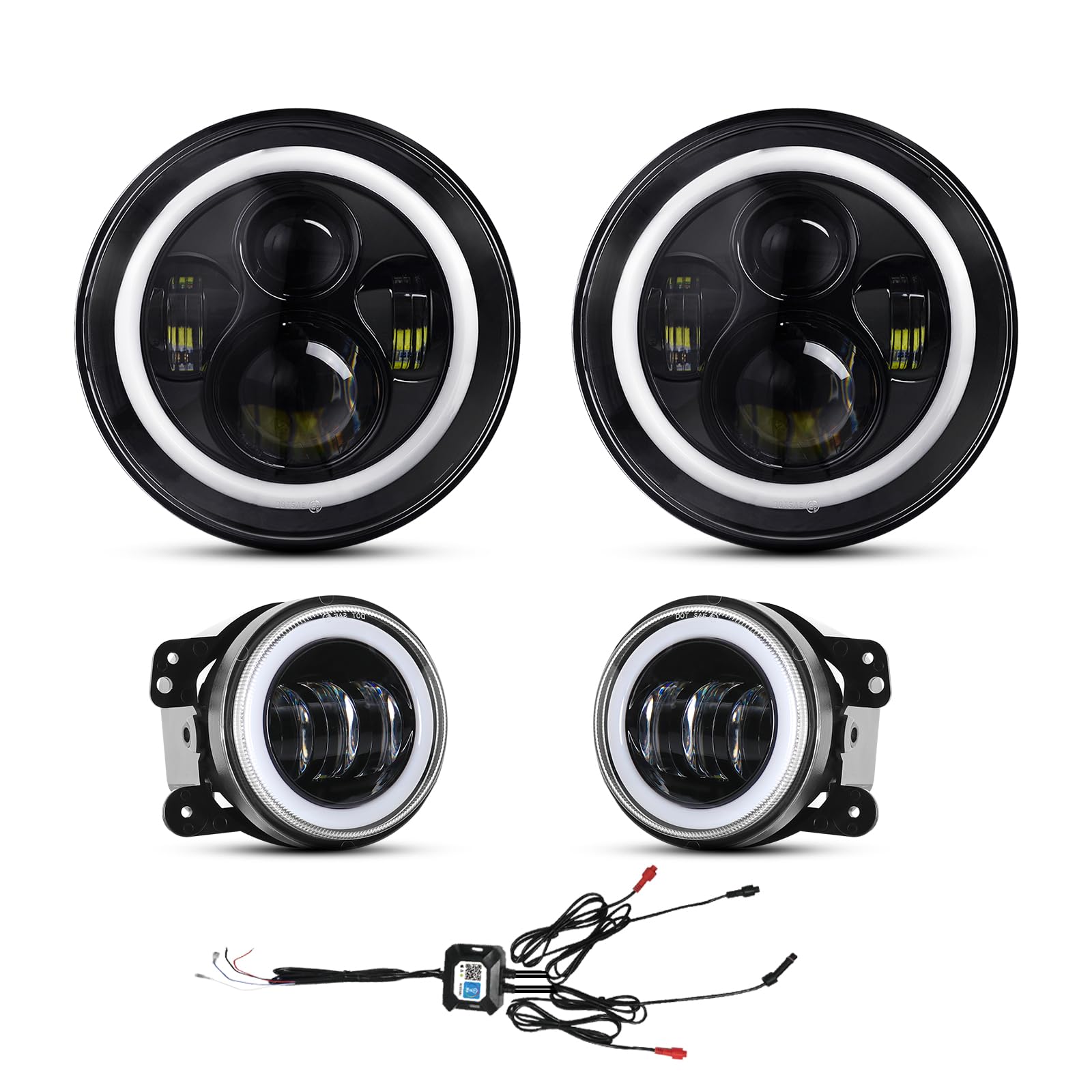 YEEGO DIRECT 7 Inch LED Headlight with RGB Halo & 4 Inch RGB Fog Lights for Jeep Wrangler 1997-2018 (JKU, JK, TJ, LJ) - DOT Approved, Bluetooth APP Control, Custom Colors - Off-Road, Night Driving, Car Customization