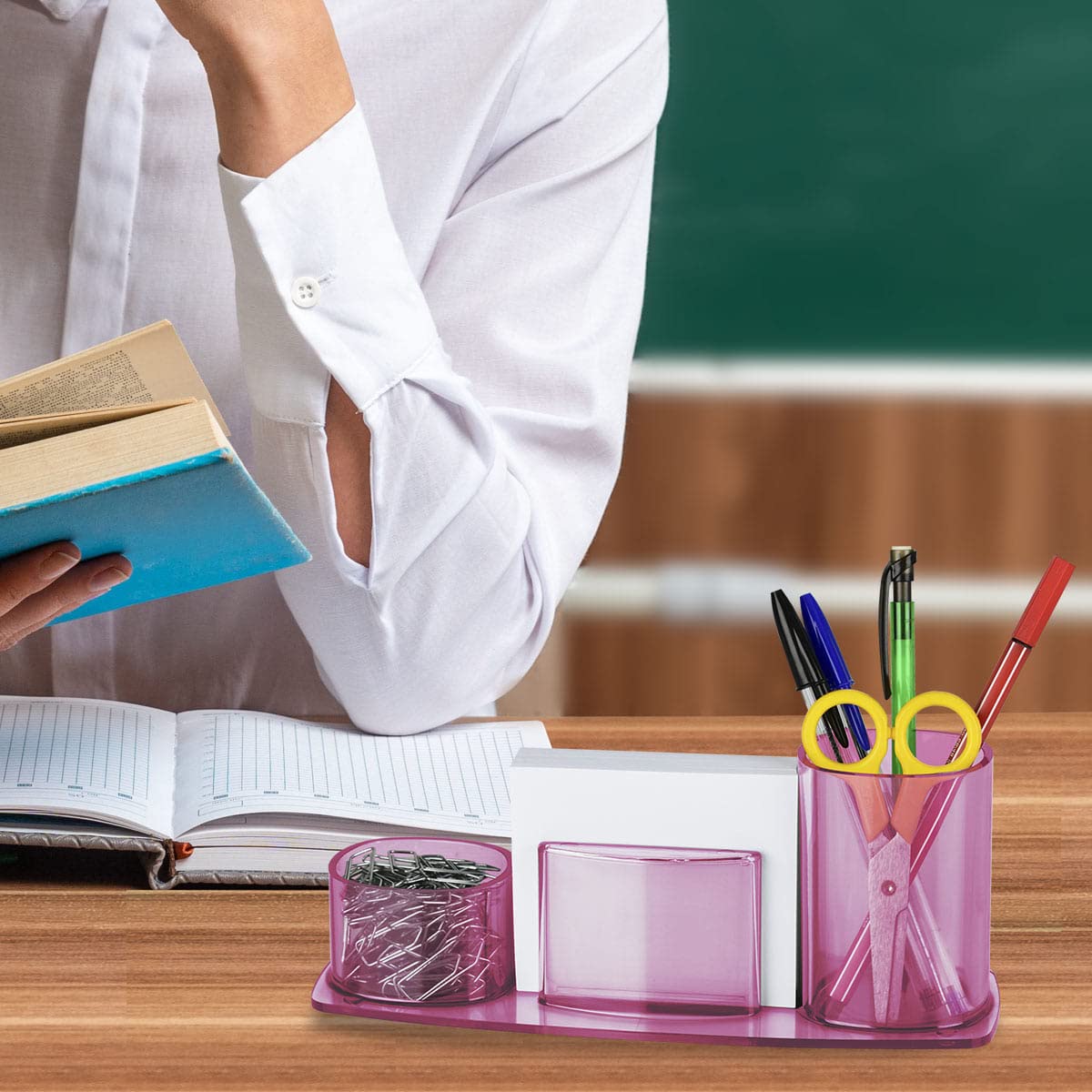 Acrimet Millennium Clear Pink Plastic Desktop Organizer - Pen, Pencil, Clip & Paper Holder with Included Paper - Perfect for Office, School & Home Desk Organization