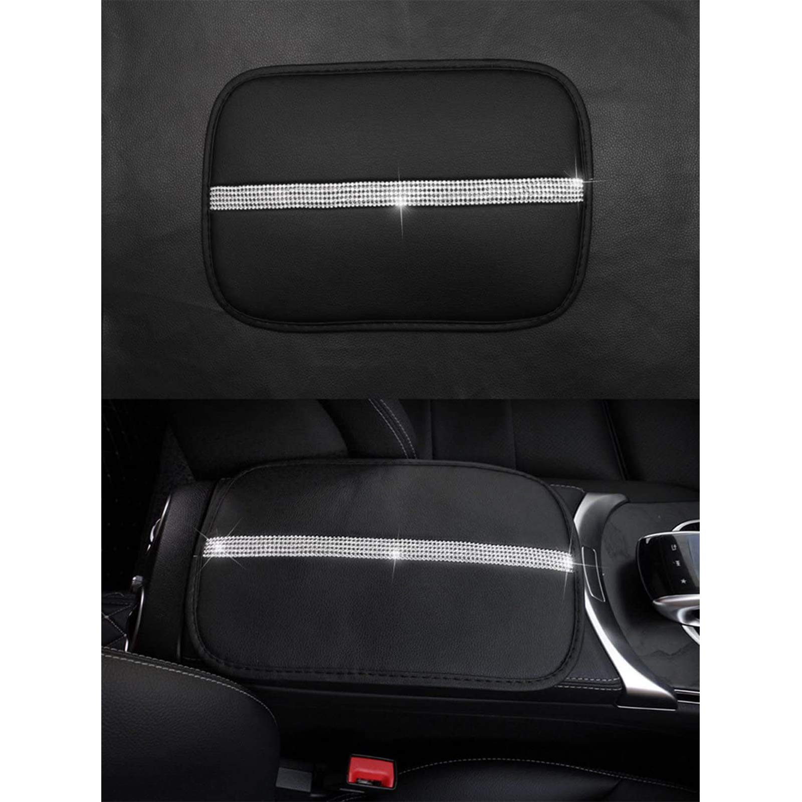 Bling Bling Crystal Rhinestone Car Armrest Cover - Black Luster Auto Center Console Protector, Luxury Car Interior Accessory for Enhanced Comfort and Style in Sedans, SUVs, and Trucks
