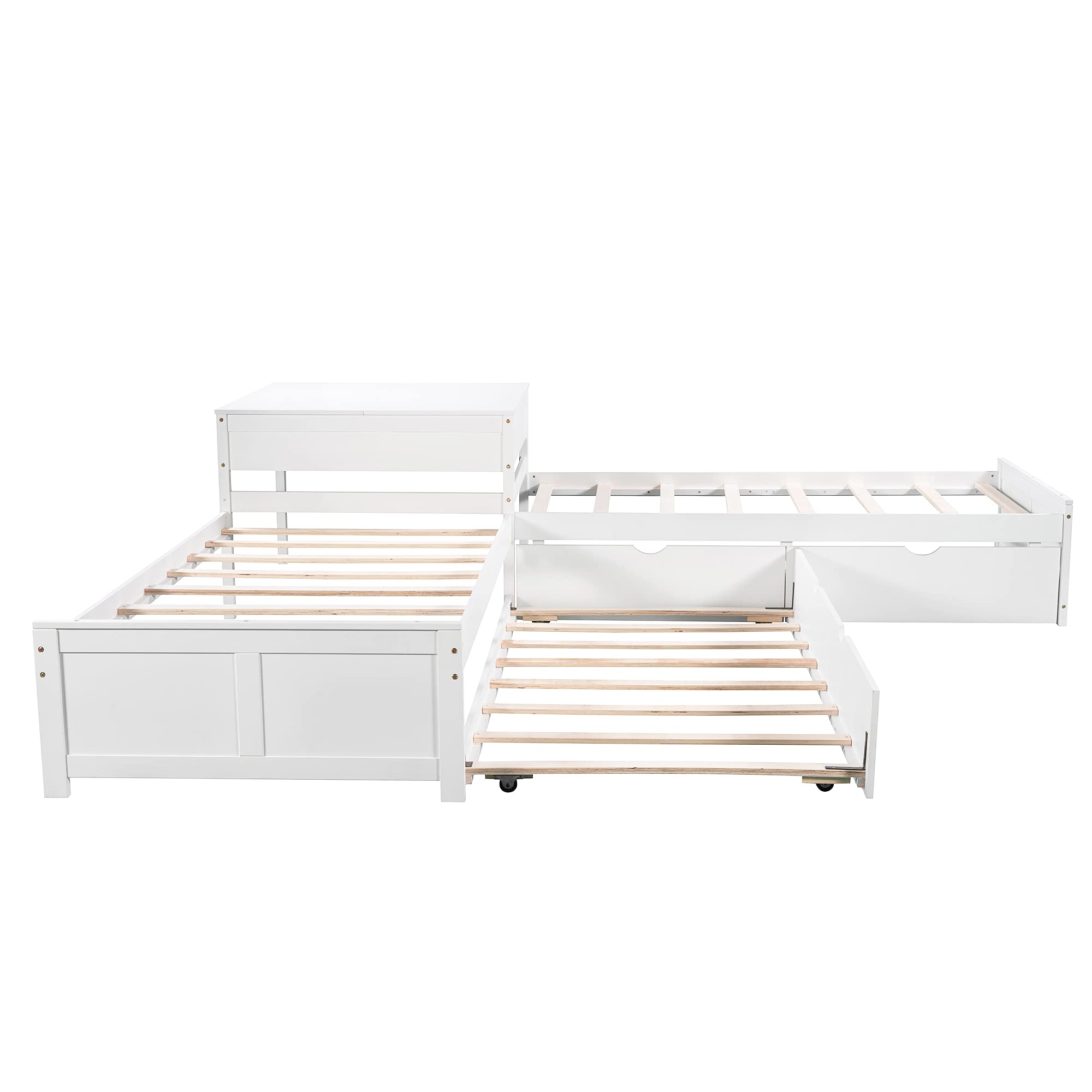 Merax Twin Size L-Shaped Storage Daybed with Trundle - Convertible Platform Bed with 2 Drawers & Built-in Desk - No Box Spring Needed - Perfect for Small Spaces, Living Room, Bedroom or Guest Room (White)