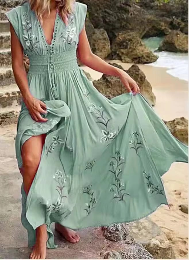 Beatrice Floral Print A-Line Summer Maxi Dress for Women - Elegant Boho Beach Dress for Vacation, Wedding Guest & Outdoor Parties