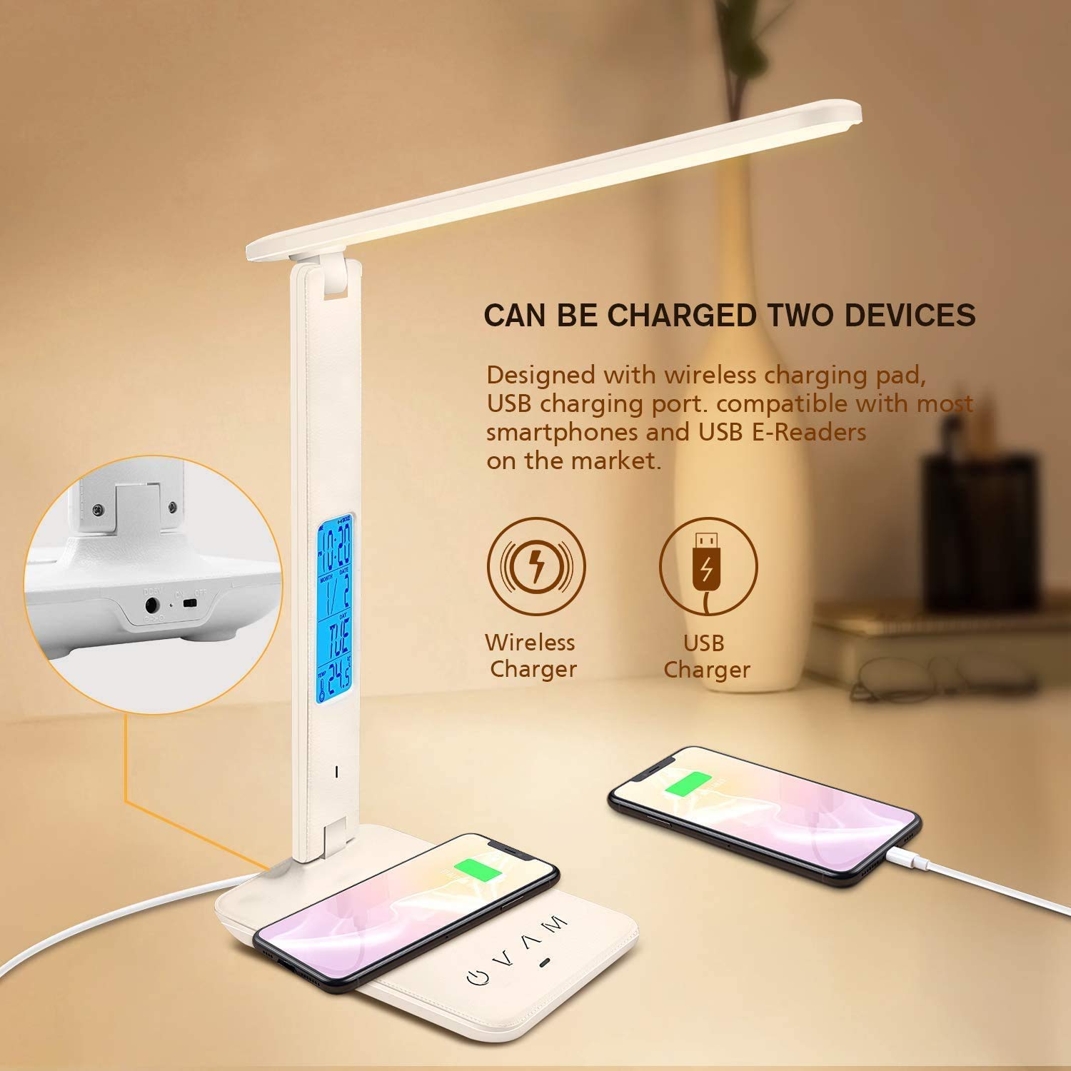 LED Desk Lamp with USB Charging & Wireless Charger - Adjustable Foldable Table Lamp with Clock, Alarm & Date Display - 5-Level Dimmable Lighting for Home Office, Studying, Reading & Working (White) - Perfect for Nightstands, Dorm Rooms & Workspaces