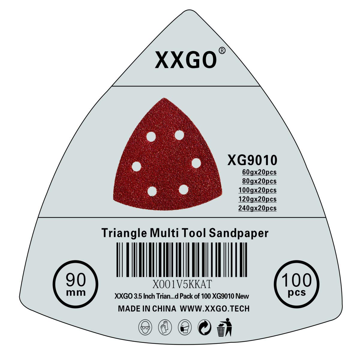 XXGO 3.5 Inch 90mm Triangular Sandpaper Assortment - 60/80/100/120/240 Grits Hook & Loop Multi-Tool Sanding Pads (Pack of 100) - Compatible with 3.5