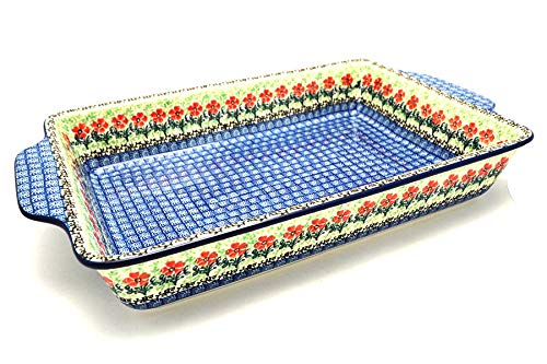 Polish Pottery Rectangular Baker with Tab Handles - 12 Cup Capacity - Maraschino Design - Perfect for Baking Casseroles, Breads & Desserts