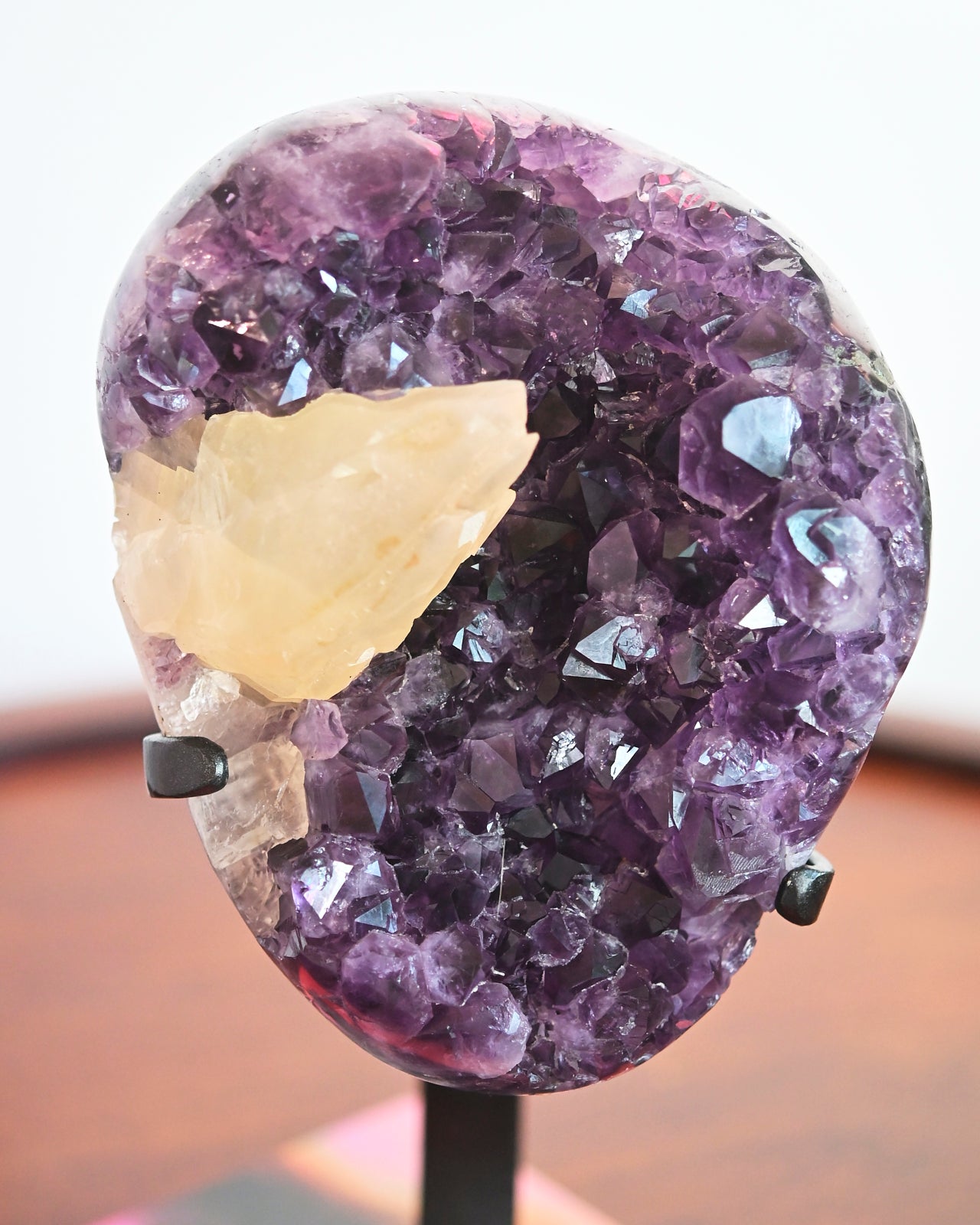 Natural Amethyst with Calcite Geode on Wooden Stand - 8.8 lbs Healing Crystal for Home Decor, Meditation & Spiritual Gifts | Perfect for Living Room, Office & Yoga Space