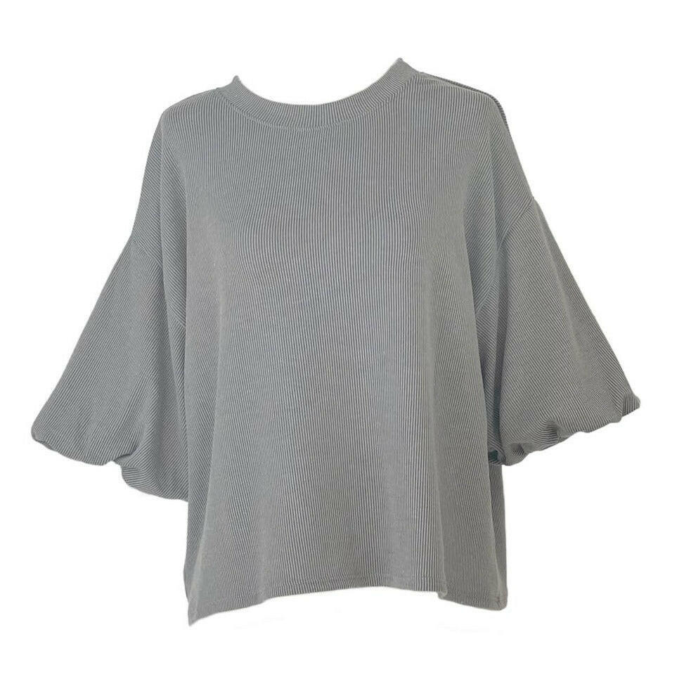 Stylish Ribbed Puffy Sleeve 3/4 Sleeve Blouse - Cloud Grey Women's Fashion Top | Perfect for Casual Outings, Office Wear & Date Nights