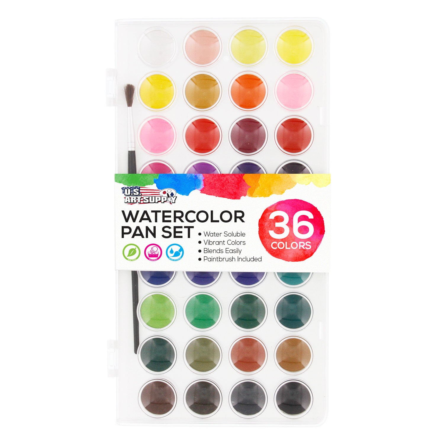 36-Color Watercolor Paint Set for Artists - Non-Toxic, Washable Water Soluble Cakes with Plastic Palette Lid Case & Paint Brush - Perfect for Sketching, Painting, and Art Classes