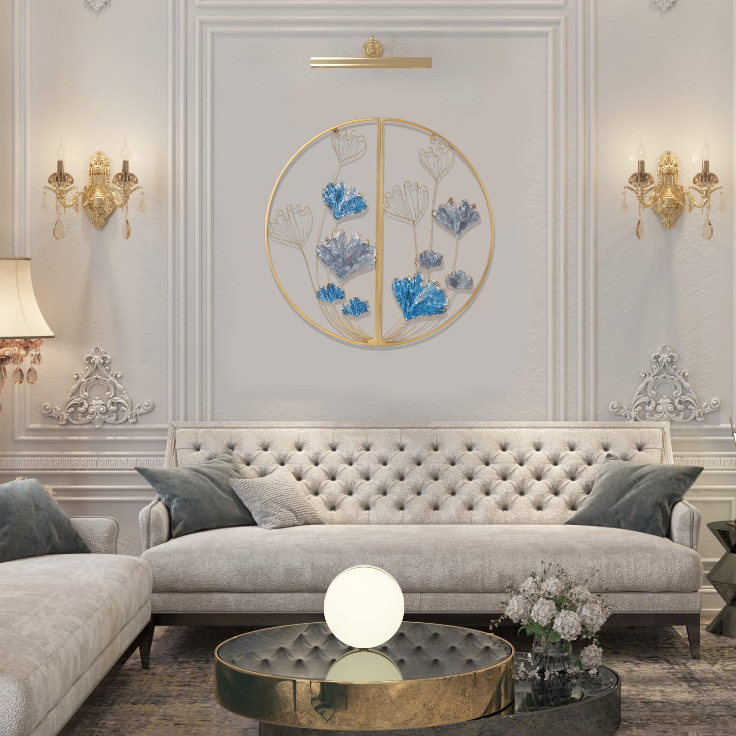 Asense Set of 2 Modern Gold Metal Ginkgo Leaf Wall Art Decor - 30 Inch Hanging Sculpture for Bedroom, Living Room, Office & Hotel - Elegant Blue Home Decoration - Perfect for Boho, Farmhouse & Modern Interior Design Styles