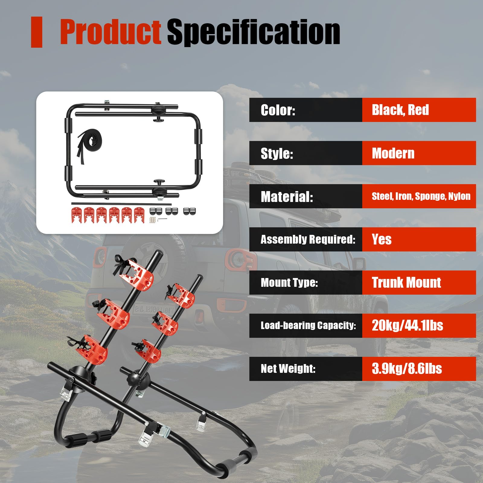 Foldable 3-Bike Trunk Mount Rack for Cars - Heavy Duty 44.09lbs Capacity Bicycle Carrier for Sedans & SUVs - Perfect for Road Trips, Camping & Family Outings