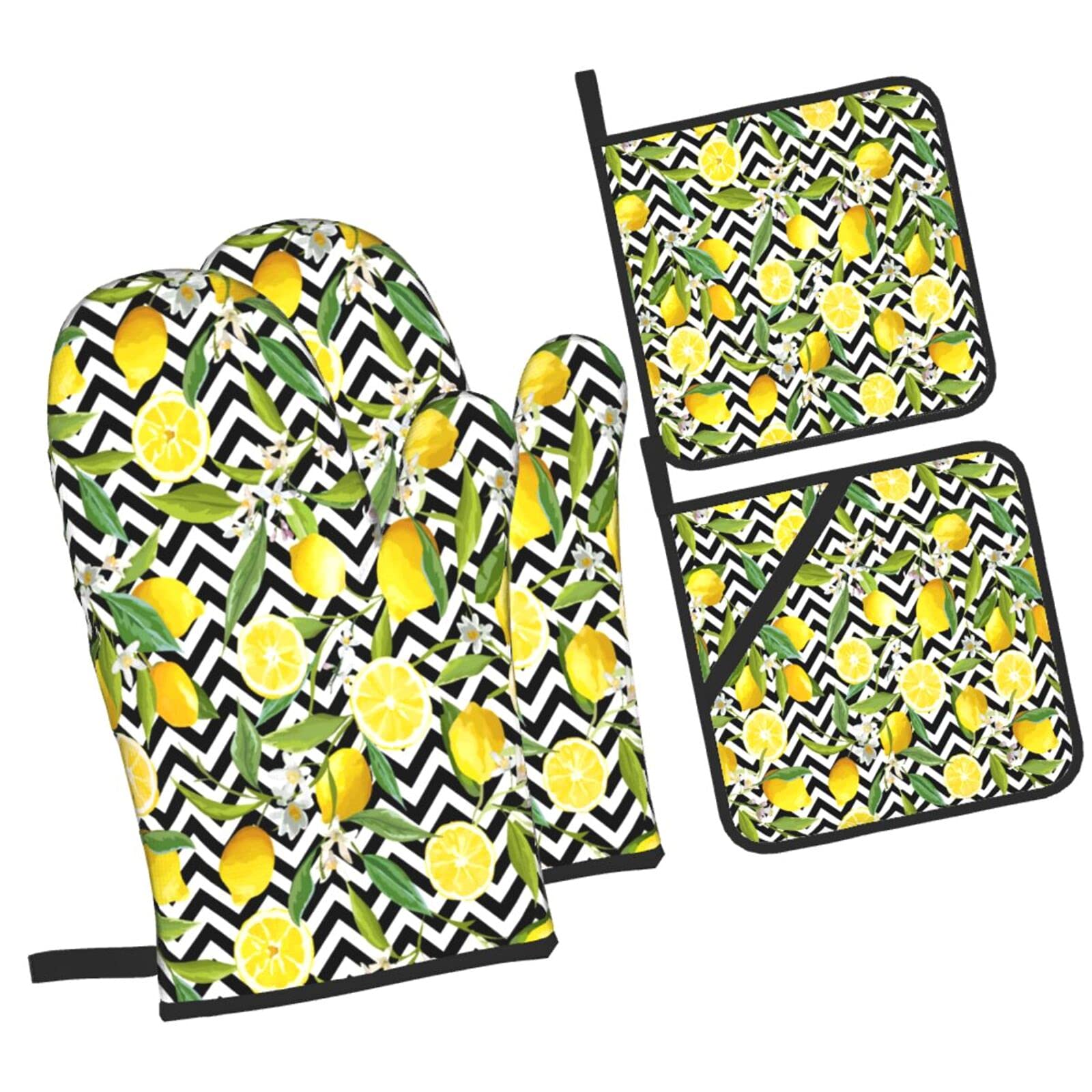 Heat Resistant Oven Mitts and Pot Holders Set - Lemon Black White Chevron Pattern Kitchen Gloves with Cotton Liner for Baking, Cooking, Grilling & BBQ - Perfect for Microwave, Stovetop and Outdoor Cooking