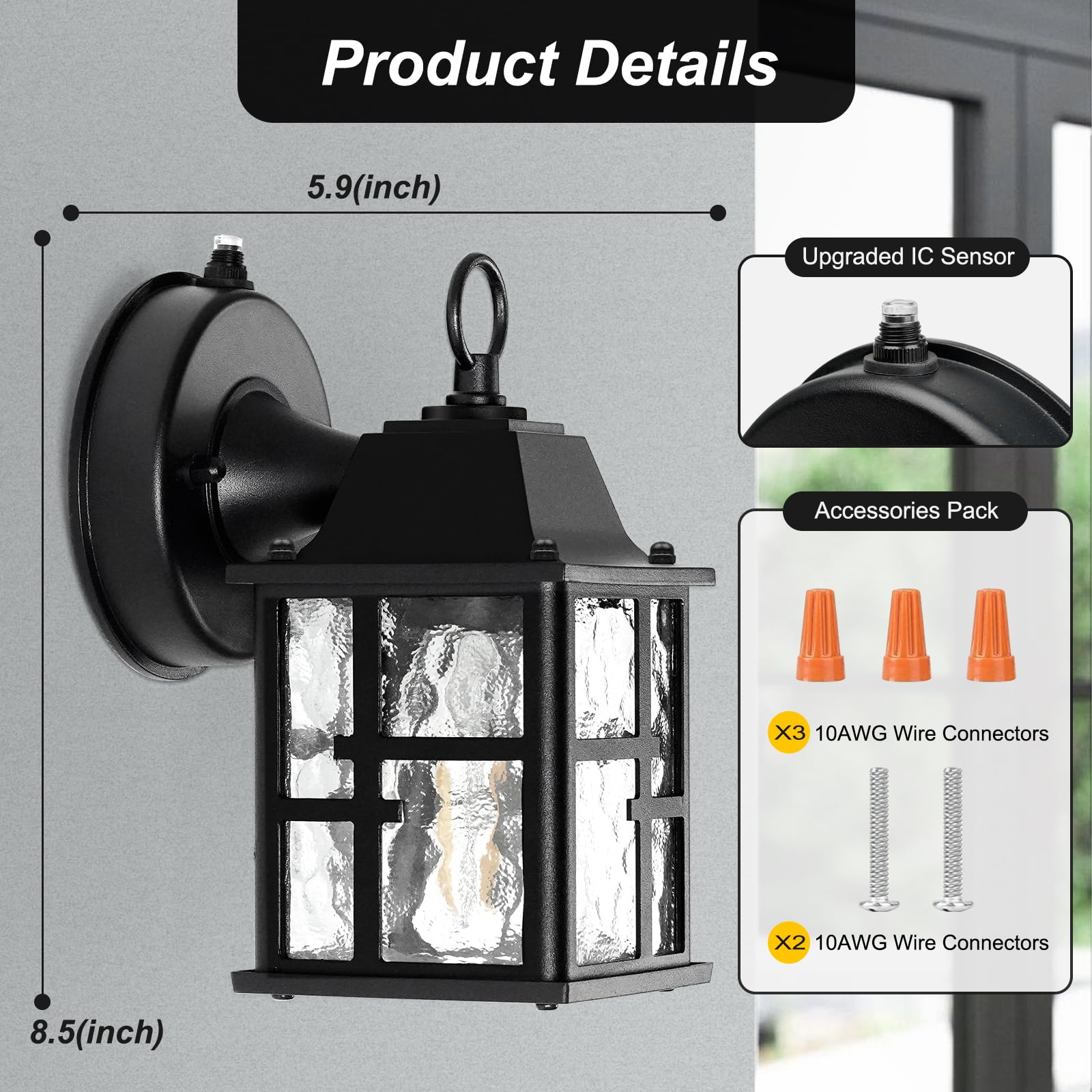 OKELI Dusk to Dawn Outdoor Wall Lights - Waterproof Exterior Lantern with Water Ripple Glass Shade, Rust-Resistant Porch Sconce Lighting for House, Garage & Garden (2 Pack) - Perfect for Front Entryway, Backyard & Pathway Illumination
