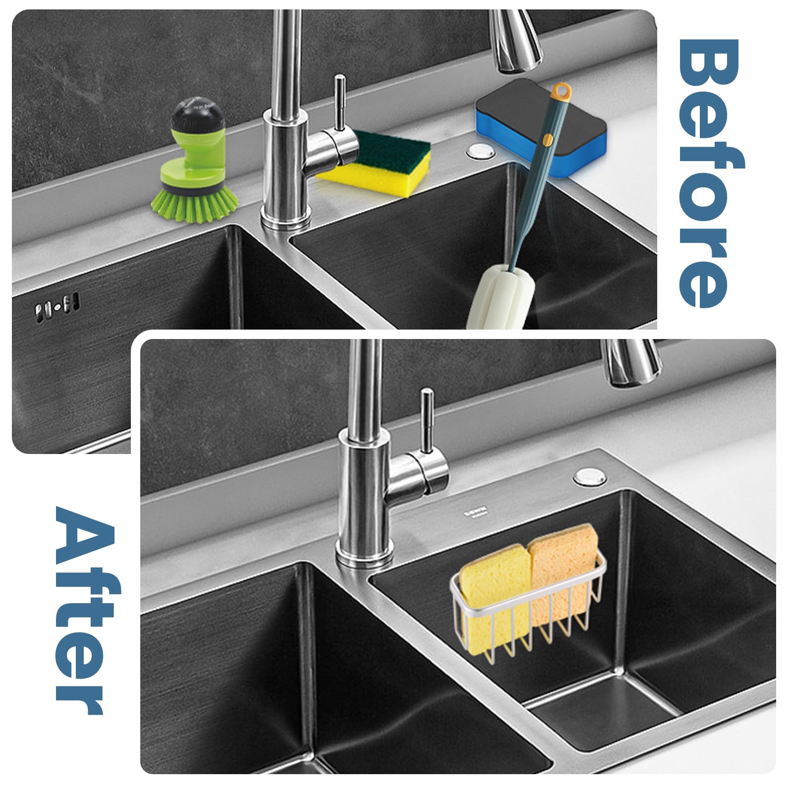 Stainless Steel Sponge Holder for Kitchen Sink - Aluminum Sink Caddy with Strong Suction Cups & Adhesive Hooks - Bathroom & Kitchen Organizer (Silver) - Perfect for Keeping Sponges Dry & Organized Near Sink