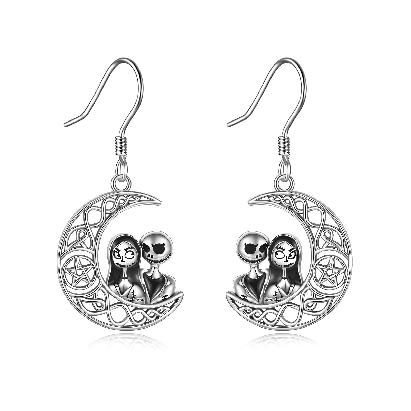 Halloween Jack Skellington & Sally Moon Dangle Earrings for Women - Sterling Silver Gothic Jewelry, Perfect for Cosplay, Costume Parties & Disney Nightmare Before Christmas Fans