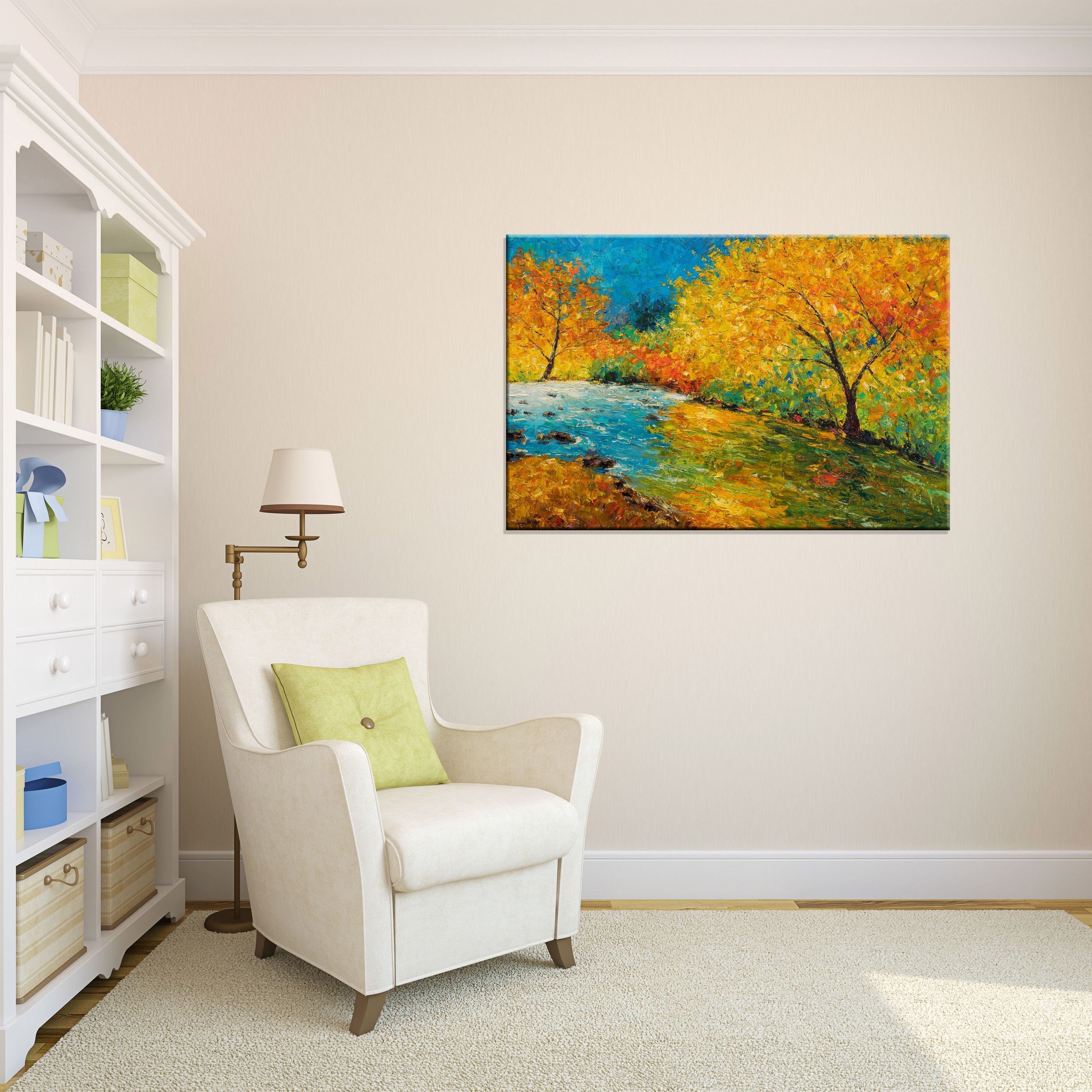 Original Palette Knife Painting - Golden Autumn Riverbank Textured Wall Art - Perfect for Home Decor, Office & Gift Giving
