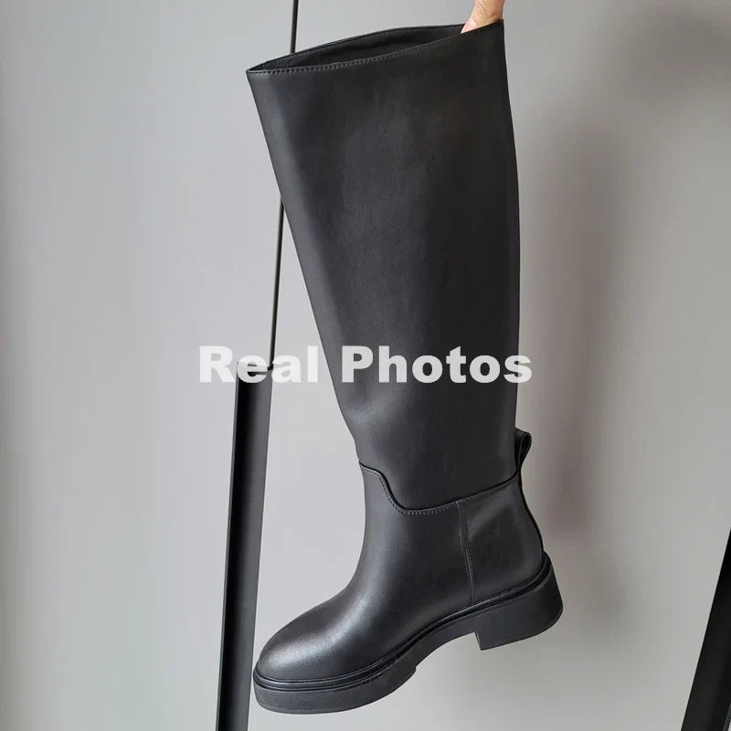 FEDONAS Women's Genuine Leather Knee High Boots with Thick Heel - Warm Winter Riding Boots for Autumn & Winter - Perfect for Motorcycle Riding, Office Wear & Cold Weather Fashion