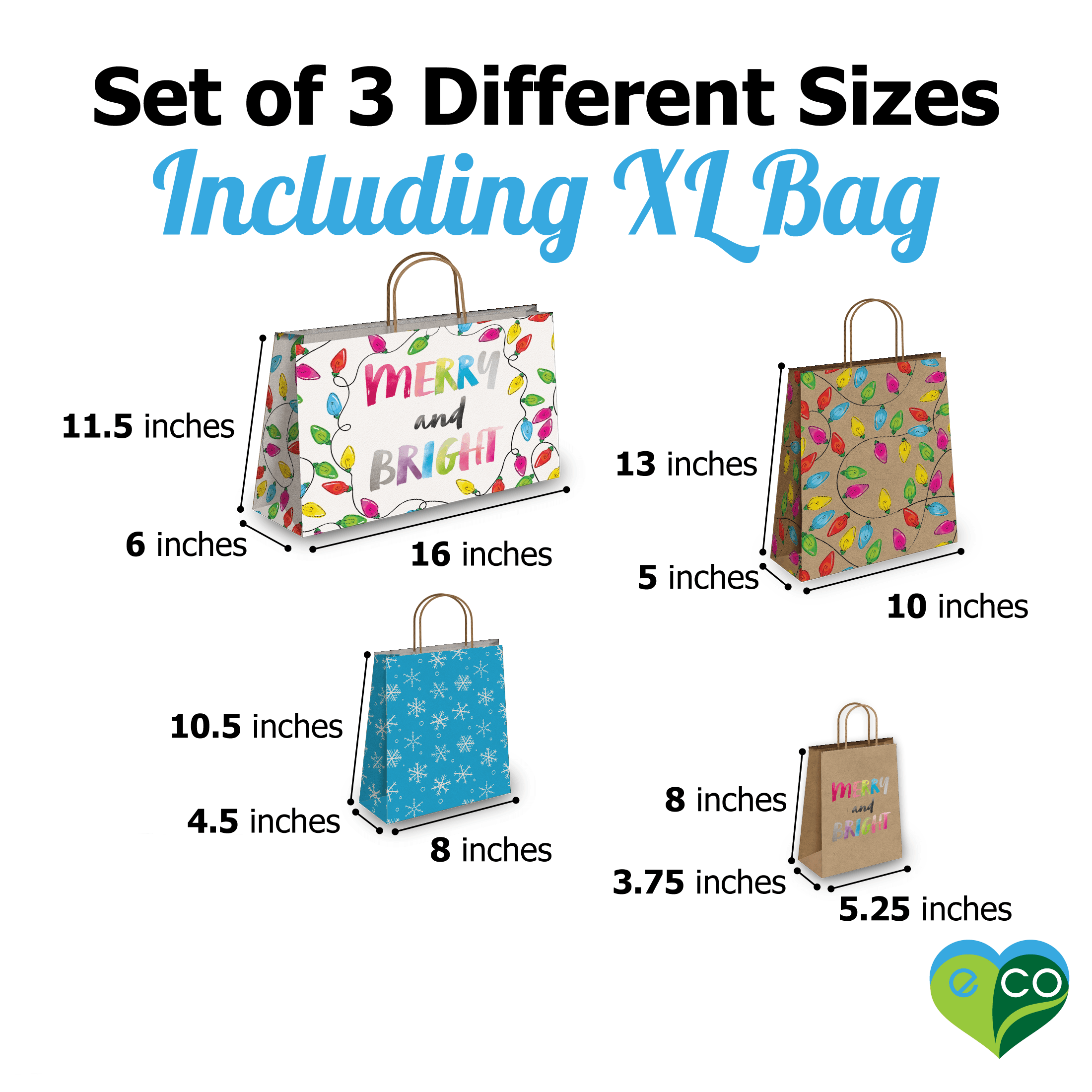 Christmas Lights Kraft Gift Bags Set - 10 Mixed Size Eco-Friendly Party Favor Bags for Holiday Gifts, Decorations & DIY Crafts