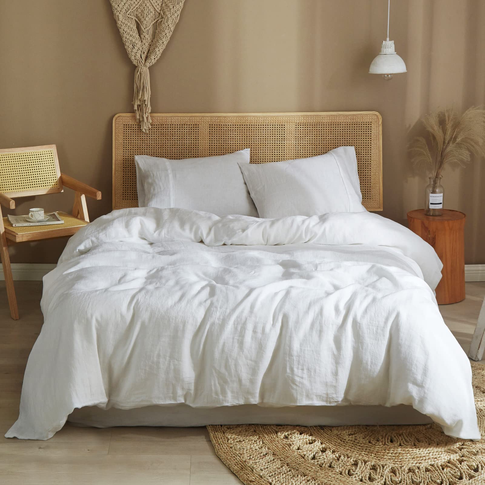 Ivellow 100% Pure Washed French Flax Linen King Duvet Cover Set - 3 Piece White Breathable Cooling Bedding (Duvet Cover + 2 Pillow Shams) | Soft Moisture Wicking Fabric for All-Season Comfort | Perfect for Master Bedroom, Guest Room & Vacation Homes