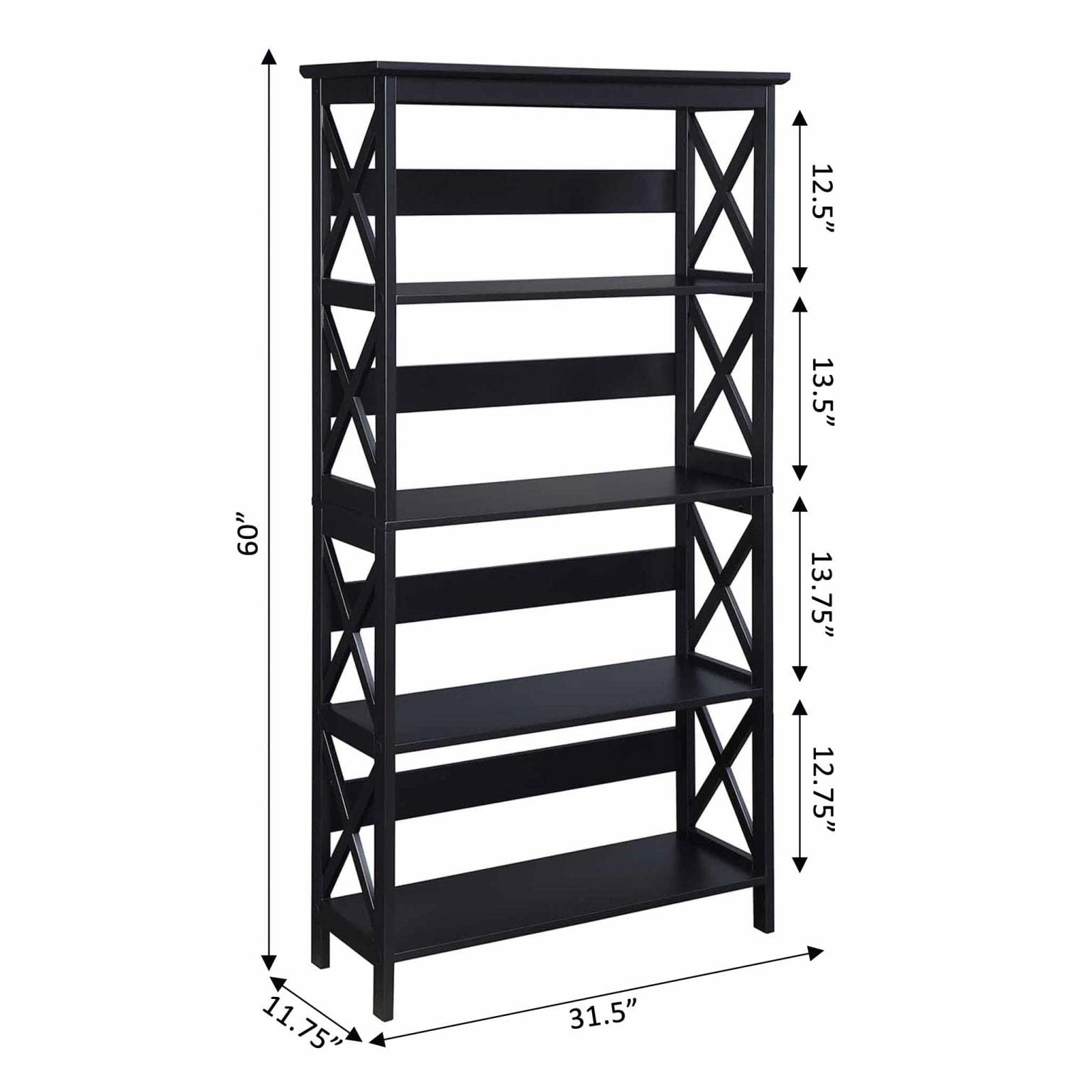 Convenience Concepts Oxford 5-Tier Bookcase in Black - Sturdy Bookshelf for Home Office, Living Room & Bedroom Storage