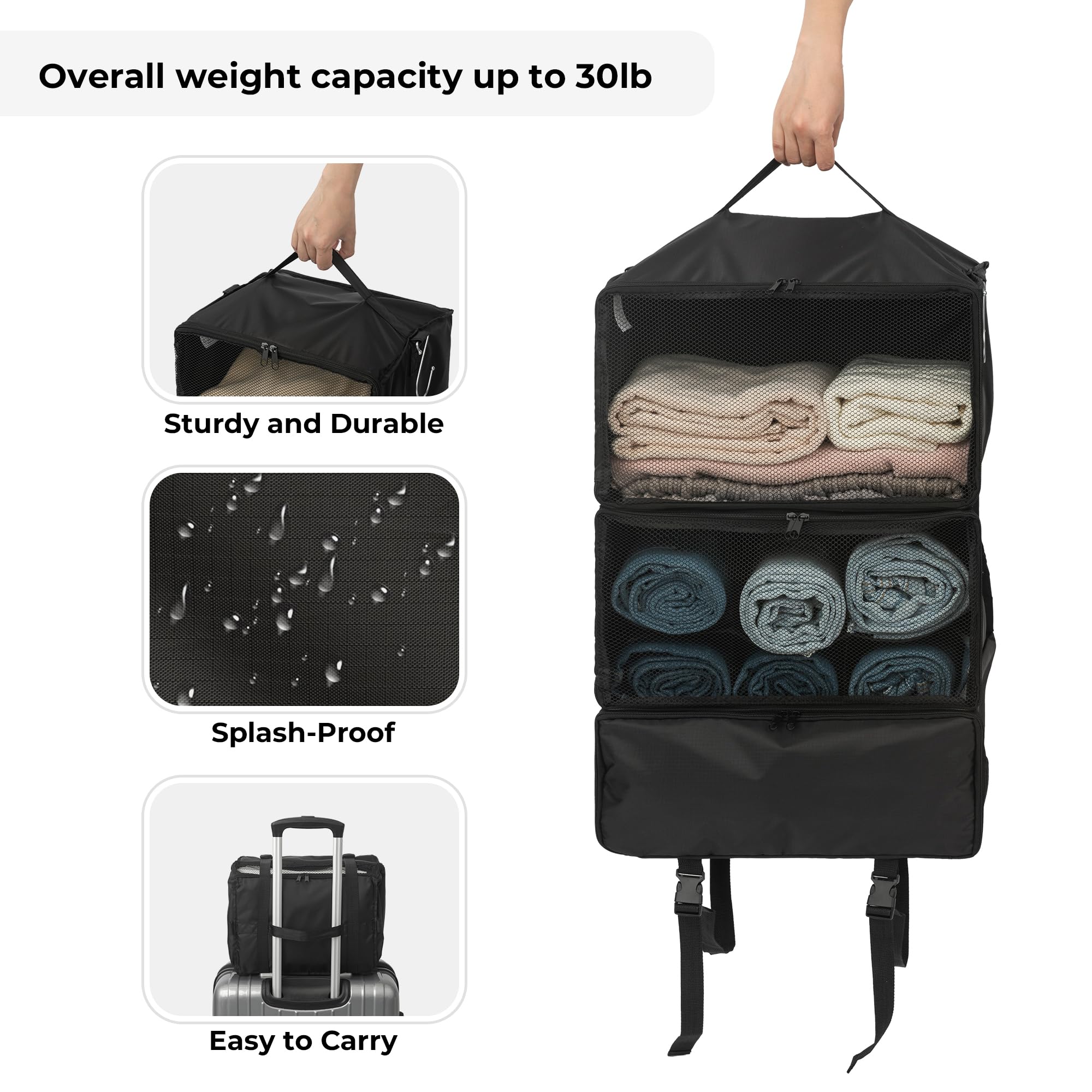 GRANNY SAYS Extra Large Hanging Luggage Organizer - 3-Shelf Foldable Travel Packing Cubes with 2 Hooks & Clear Window - Perfect for Carry-On Suitcase Organization | Ideal for Business Trips, Family Vacations & Weekend Getaways