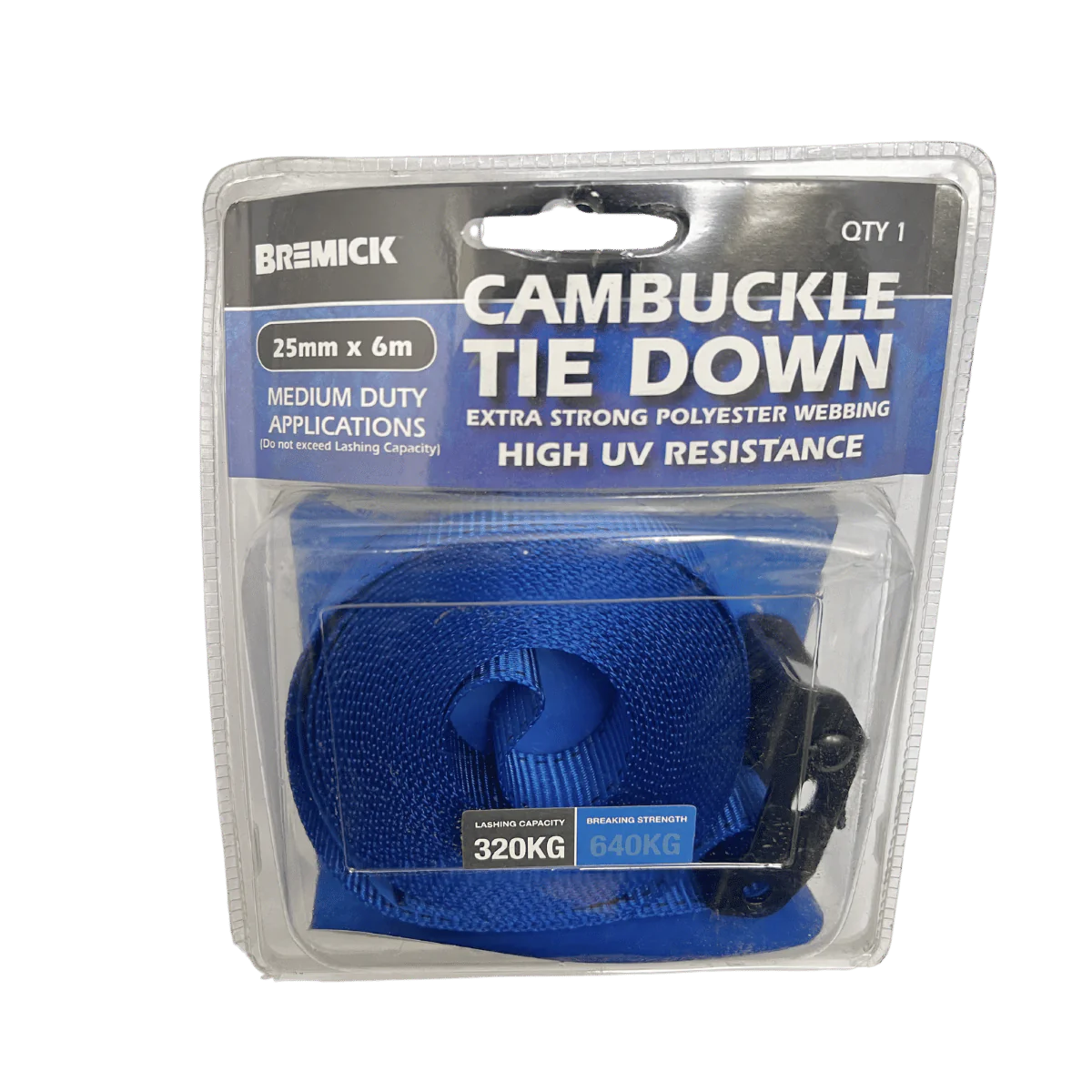 Heavy Duty 25mm x 6m Cambuckle Tie Down Strap with Single Bremick - Perfect for Securing Cargo, Motorcycles, ATVs, and Outdoor Gear During Transport