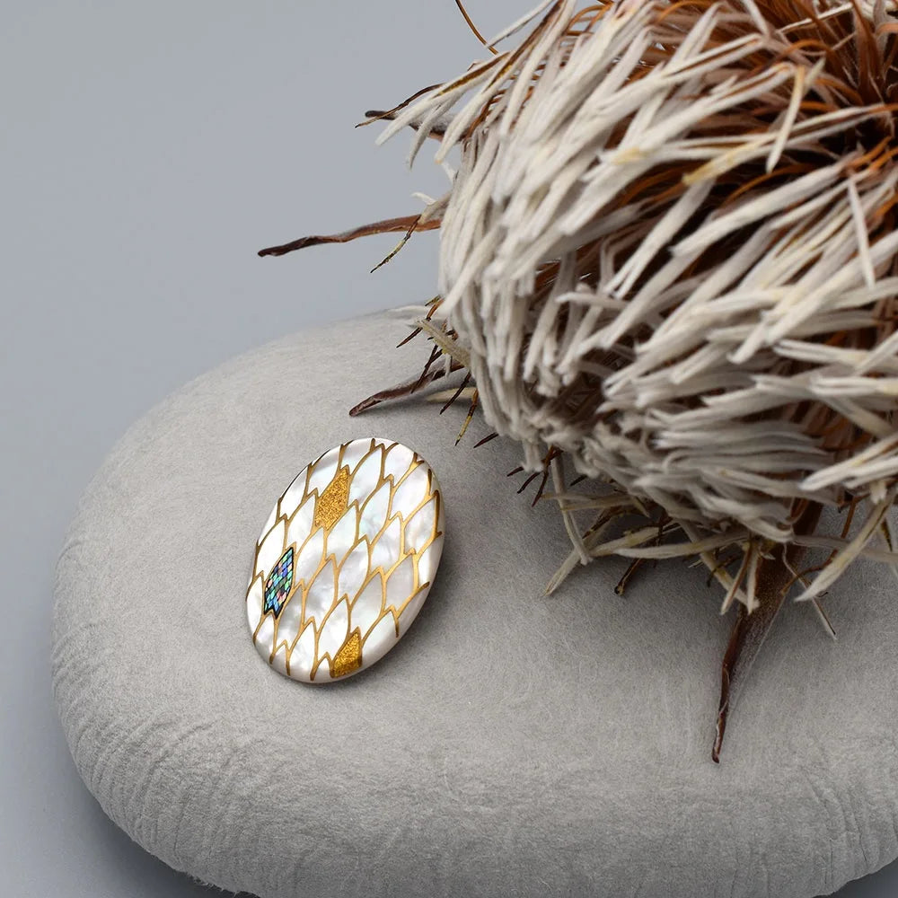 Exquisite Maki-e Urushi Lacquer Brooch with White South Sea Pearl Shell & Dragon Scales - Traditional Japanese Lacquer Jewelry for Women, Elegant Gift for Weddings, Parties & Special Occasions