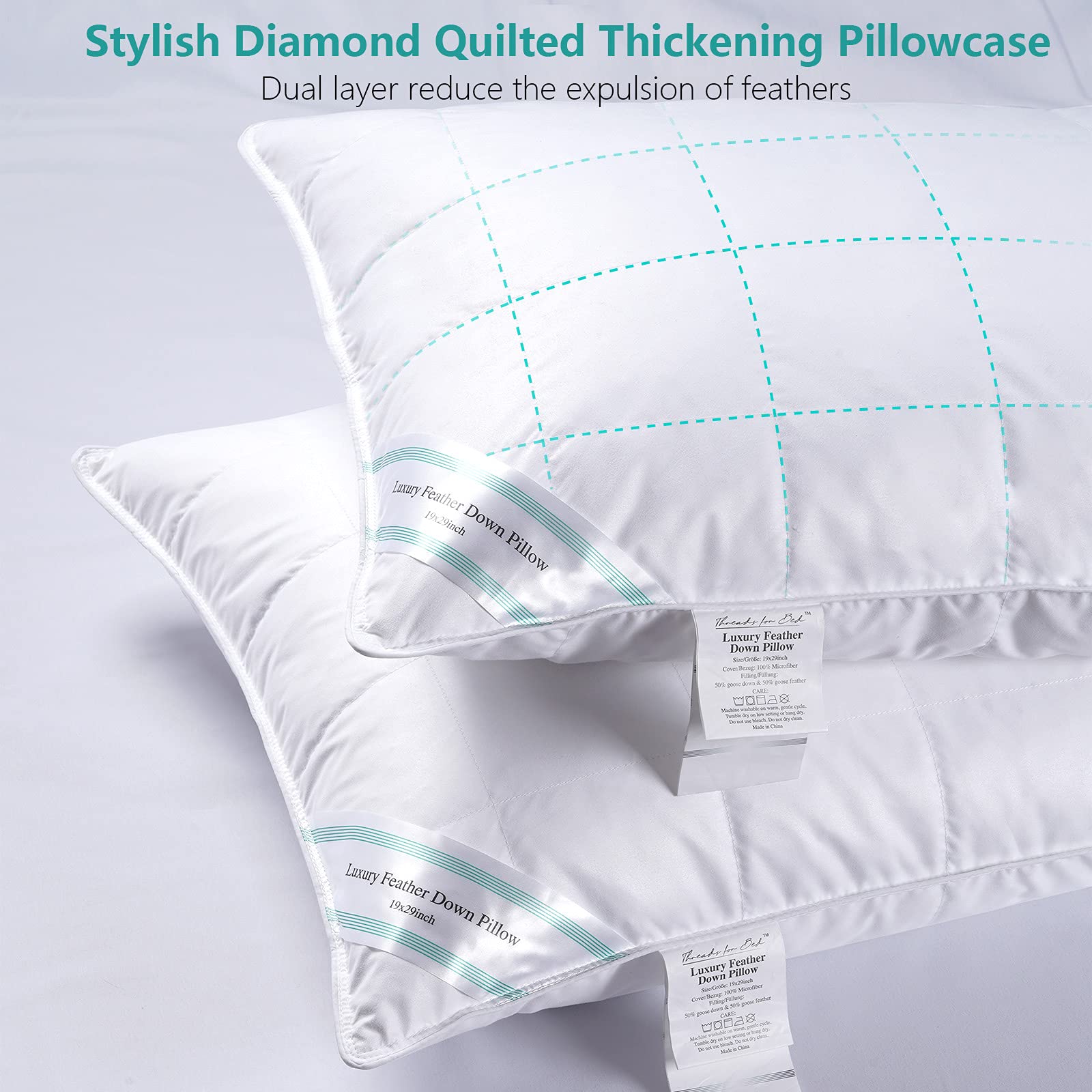Premium Natural Feather & Down Pillows Set of 2 - Luxury Sleeping Pillows with Downproof Dual Layer Cover, Medium/Soft Support for Back & Side Sleepers (19x29 Inches) - Perfect for Home, Hotel & Guest Room Comfort