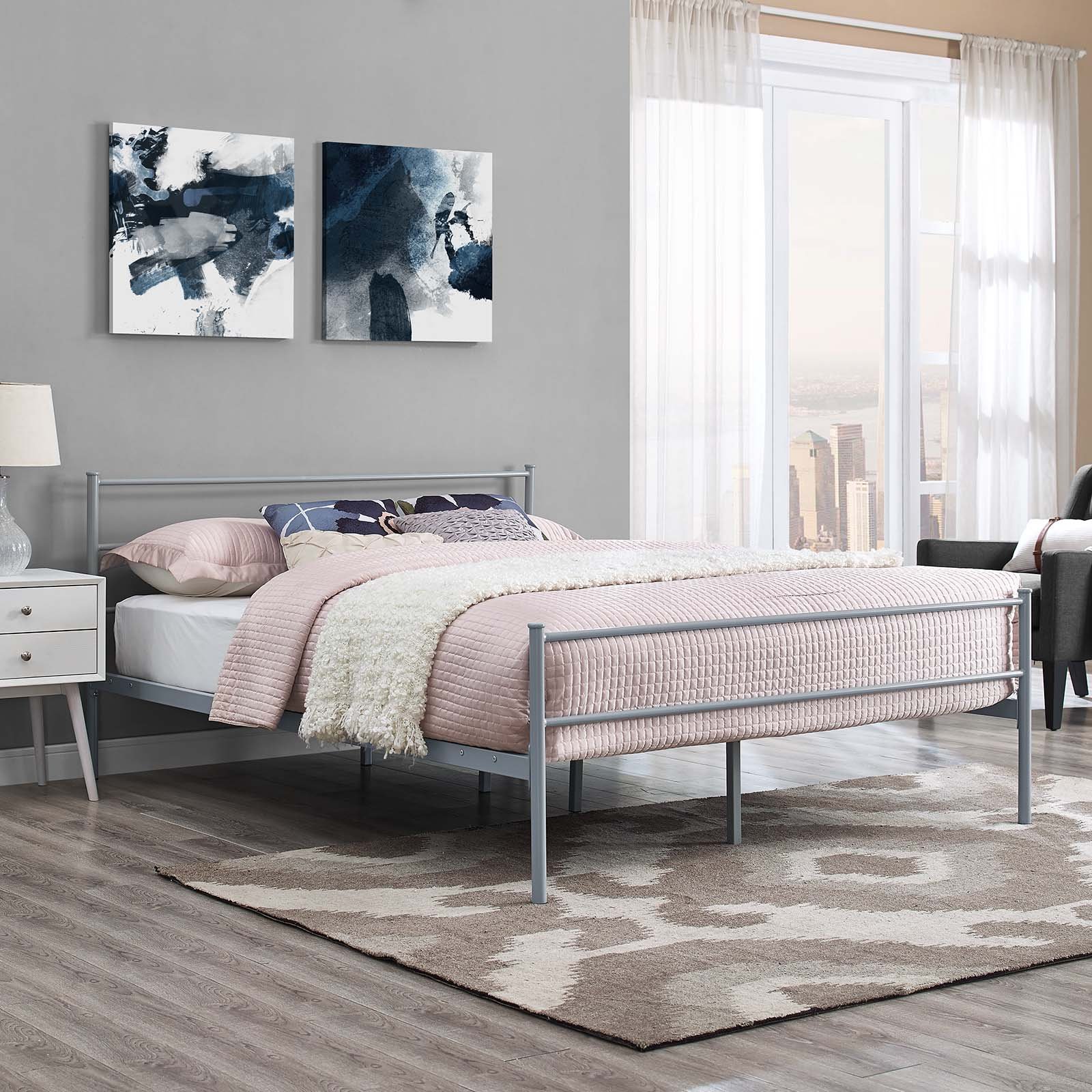 Modway Alina Queen Size Platform Bed Frame with Headboard in Gray - Modern Minimalist Bedroom Furniture for Small Spaces & Apartment Living