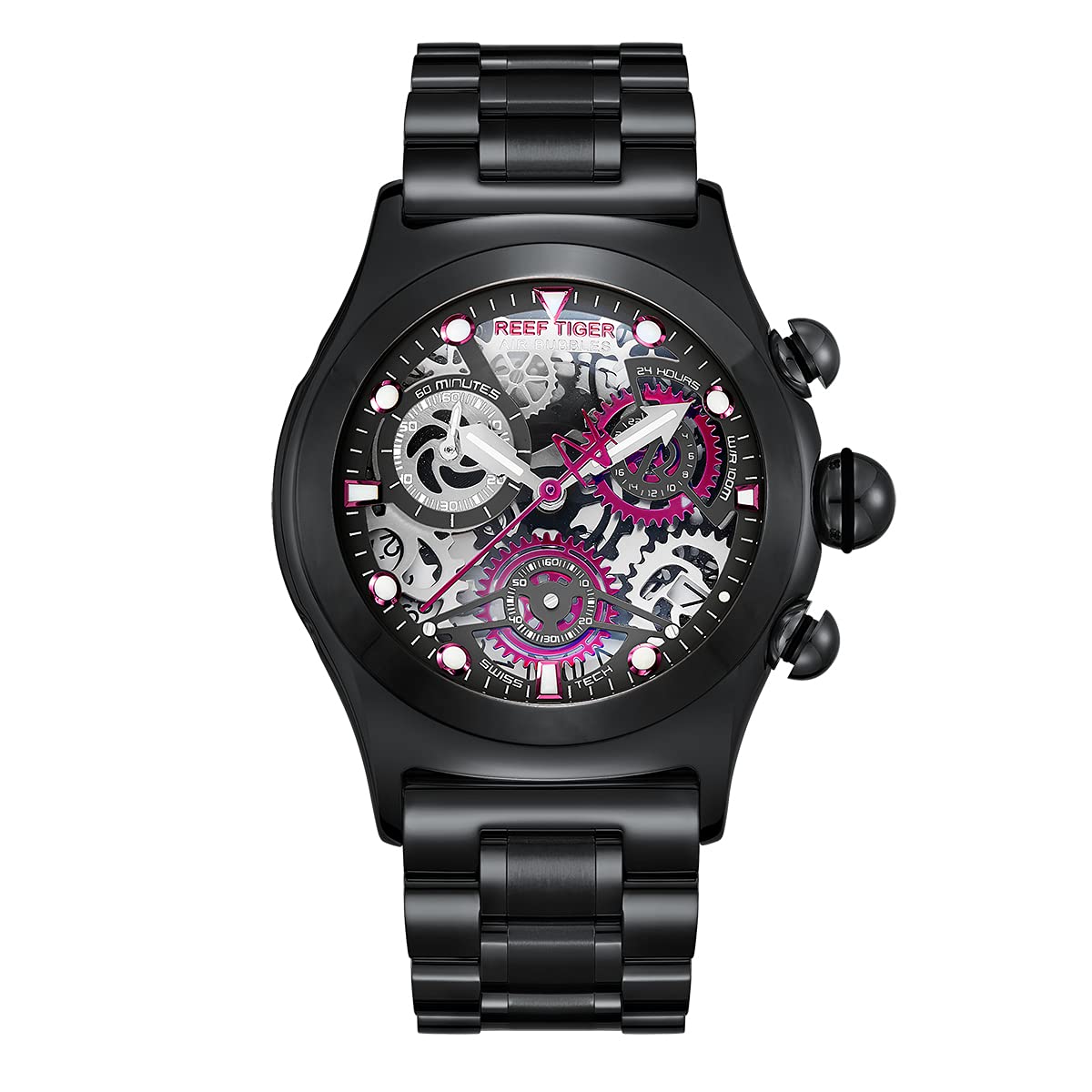 REEF TIGER Men's Skeleton Automatic Sports Watch - Luminous PVD Stainless Steel Bracelet, Waterproof Mechanical Watch RGA792 for Outdoor Activities & Casual Wear