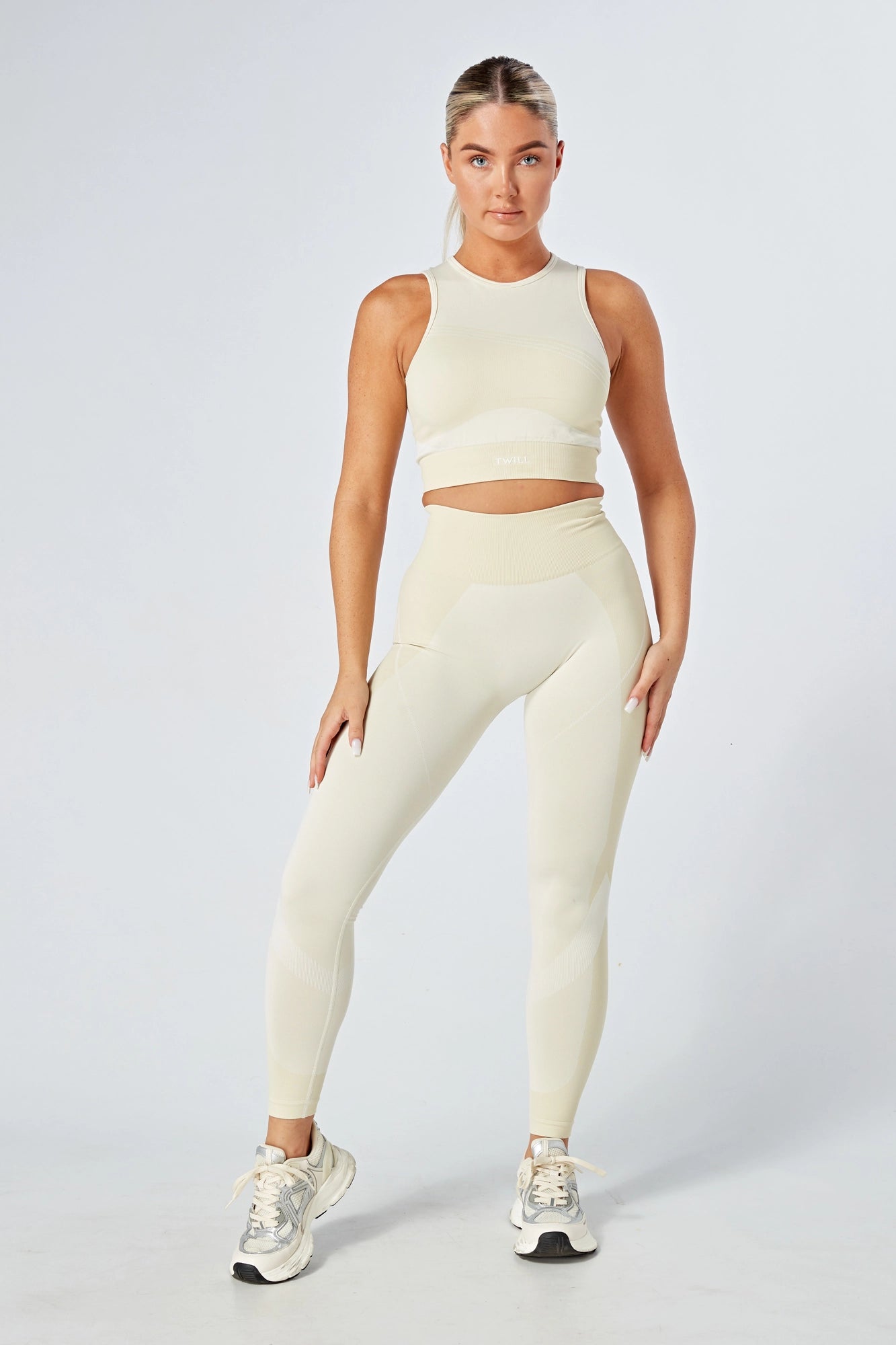 Eco-Friendly Twill Active Color Block Leggings for Women - High Waist Body Fit Workout Leggings - Stone Gray - Perfect for Yoga, Running & Gym