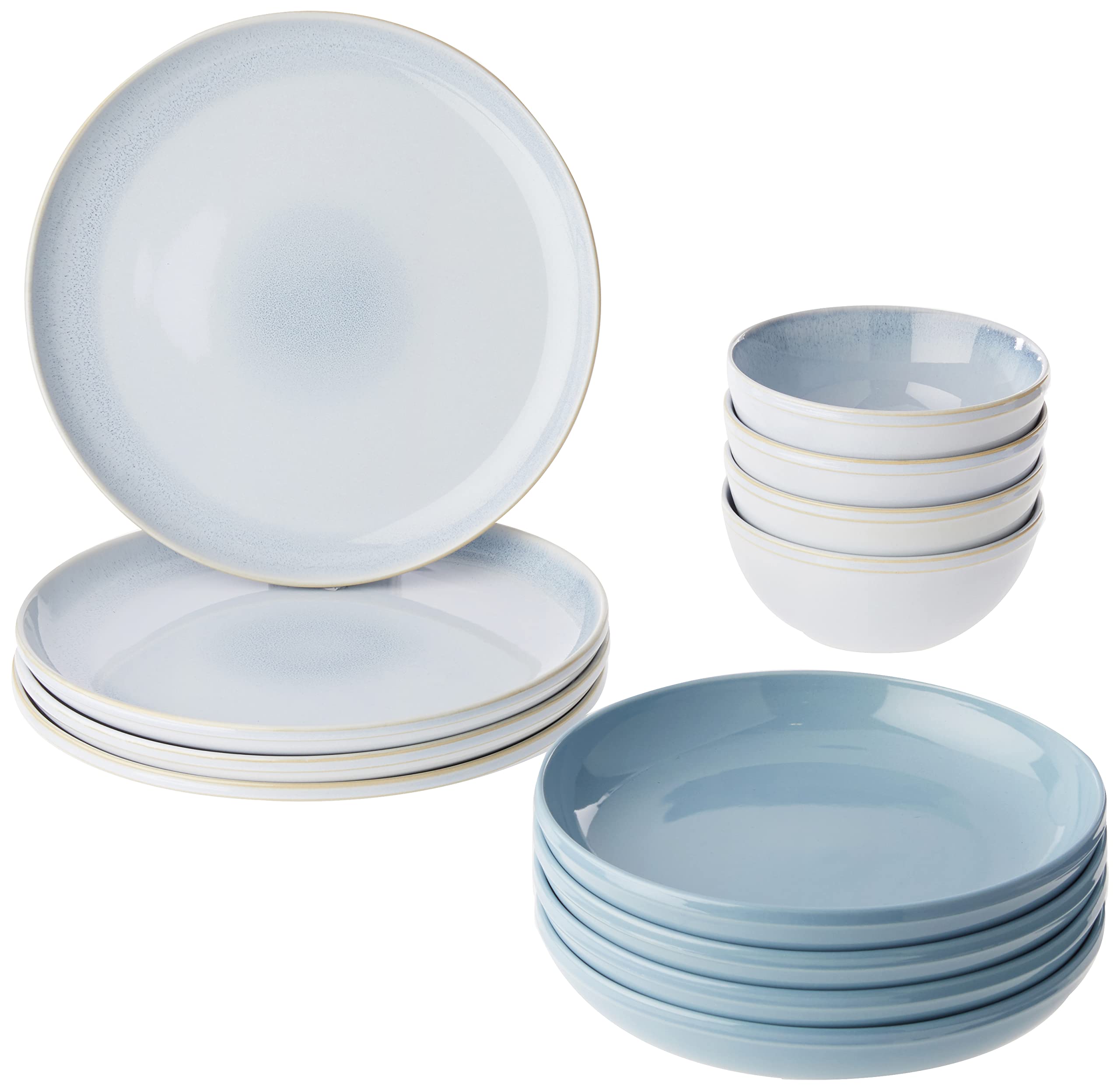 Corelle Stoneware 12-Piece Dinnerware Set - Handcrafted Artisan Double Bead Plates & Bowls with Solid & Reactive Glazes in Nordic Blue - Perfect for Family Dinners, Dinner Parties & Everyday Dining