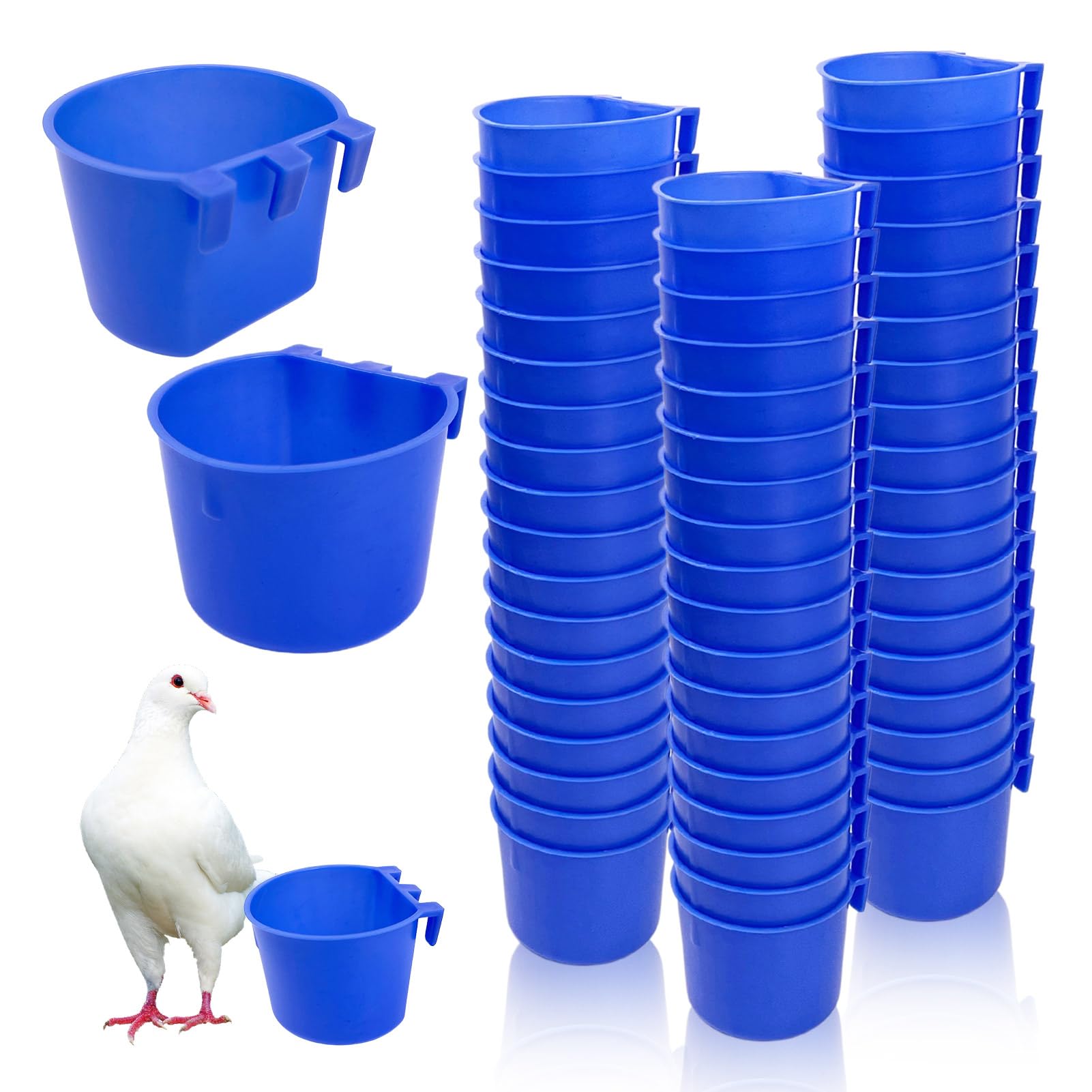 Rainmae 50 Pcs Blue Plastic Bird Feeders & Water Cups - 8 oz Hanging Cage Cups for Small Birds, Parrots, Chickens, Pigeons & Poultry - Durable Seed Bowls & Water Dispensers for Coops, Cages & Aviaries - Perfect for Pet Birds, Gamefowl & Backyard Flocks