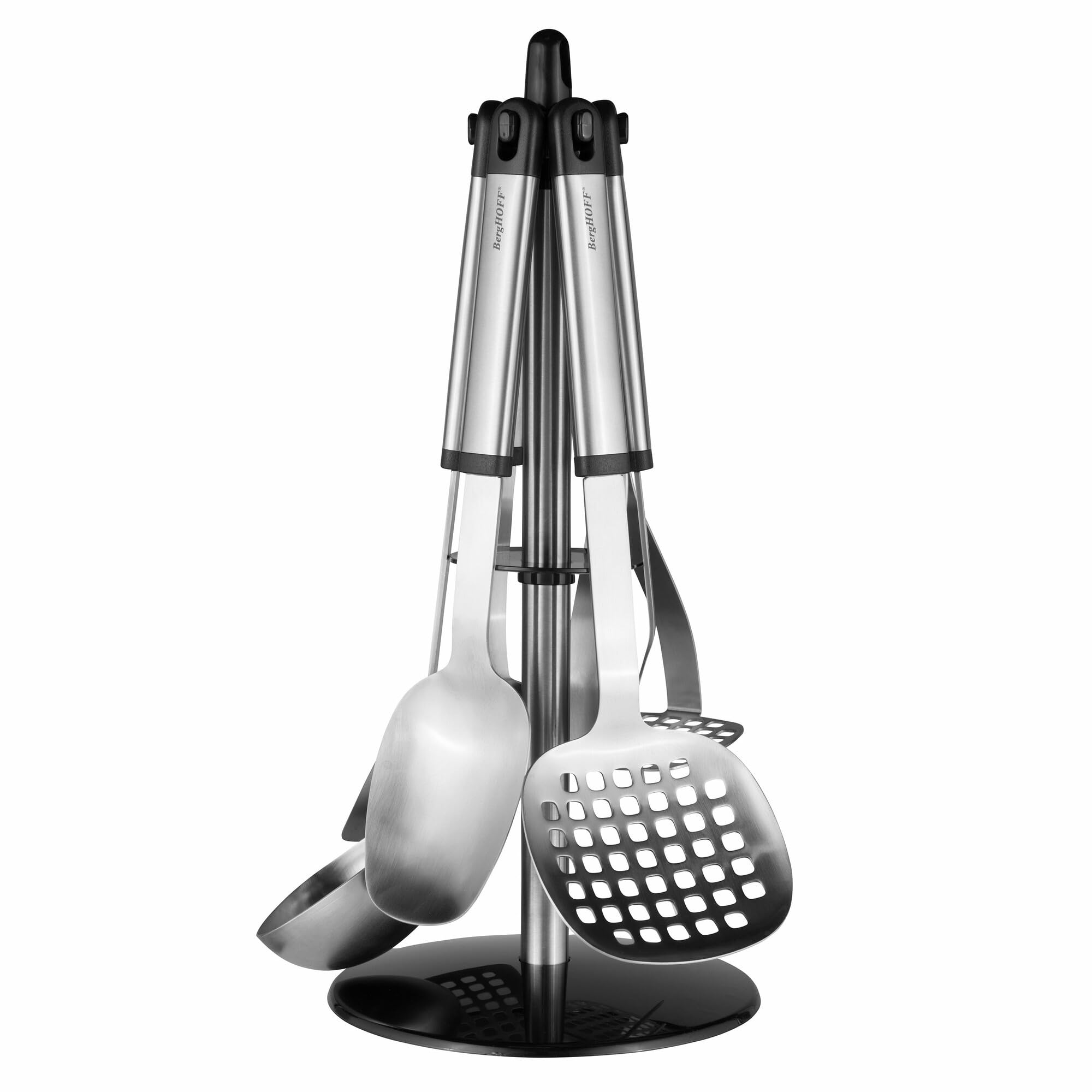 BergHOFF Essentials 8-Piece Stainless Steel Kitchen Utensil Set with Wall-Mounted Revolving Rack - Ergonomic Hollow Handle & Hanging Loop - Perfect for Small Kitchens, Cooking Gifts & Home Organization