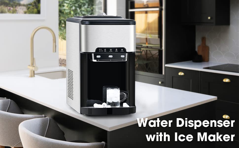 Automatic Countertop Ice Maker with Water Dispenser - 6-Minute Quick Ice Making, Hot & Cold Water Options, Top Loading & Bottleless Design - Perfect for Home, Office, and RV Use